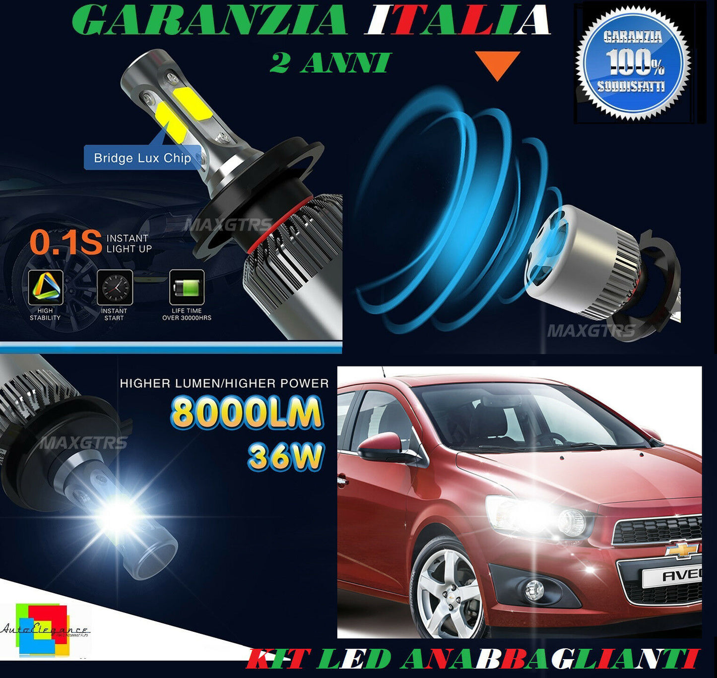 LAMPADE ANABBAGLIANTI 36W LED CHEVROLET AVEO 2011 IN POI ISTANTANEO 6000K