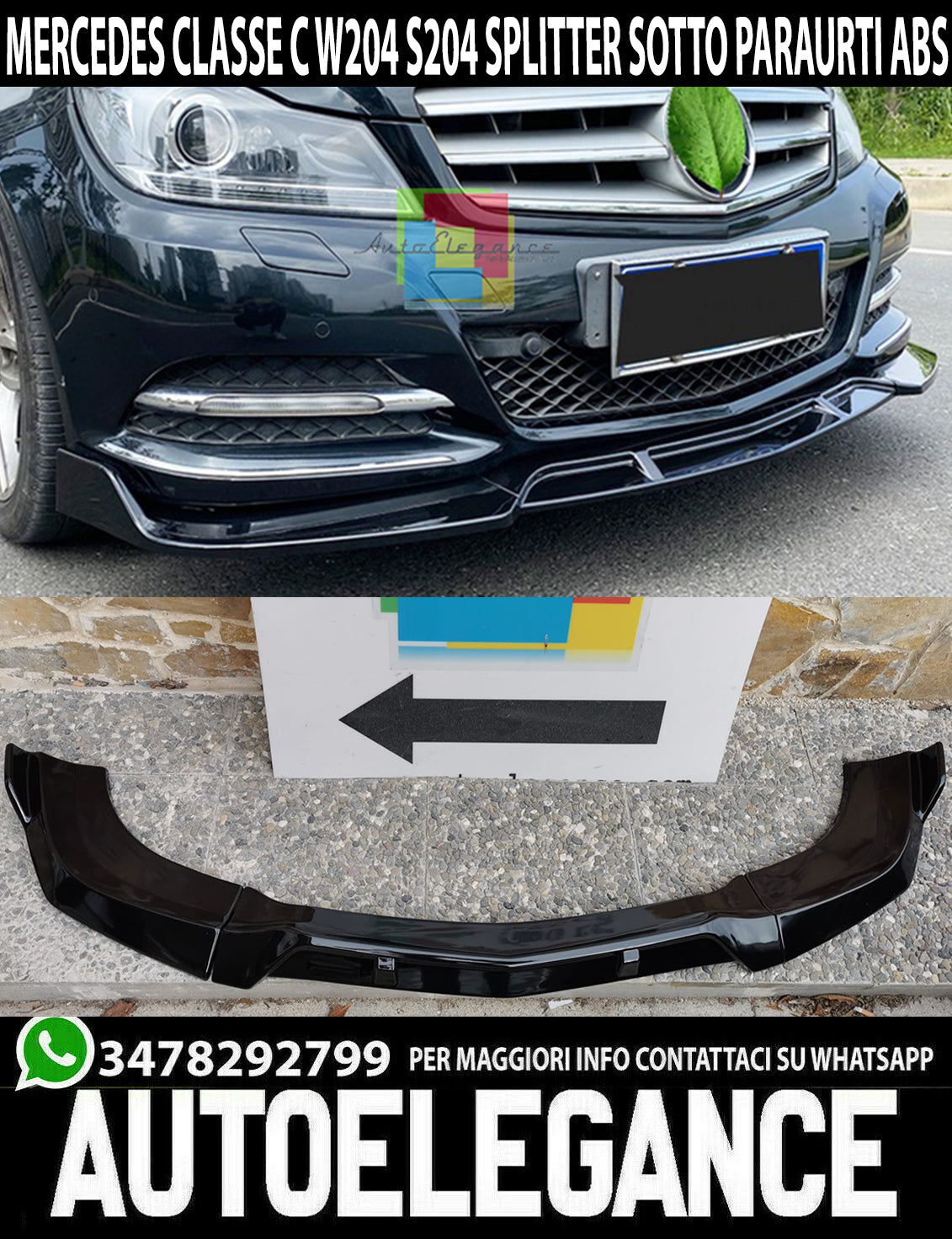 MERCEDES CLASSE C W204 S204 AMG SPLITTER PARAURTI ANTERIORE NERO LUCID