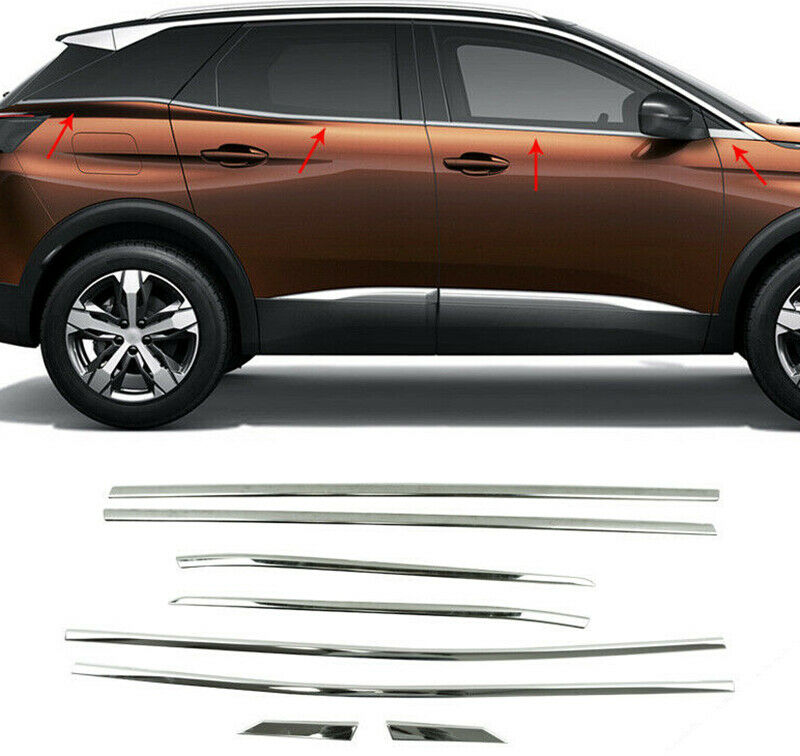 MODANATURE ADESIVE PEUGEOT 3008 SUV CORNICI FINESTRINI CROMATE ACCIAIO INOX .