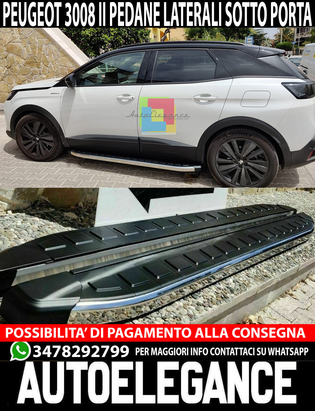 PEDANE LATERALI PEUGEOT 3008 SUV 2016-2021 SOTTO PORTA ANTISCIVOLO CROMATE