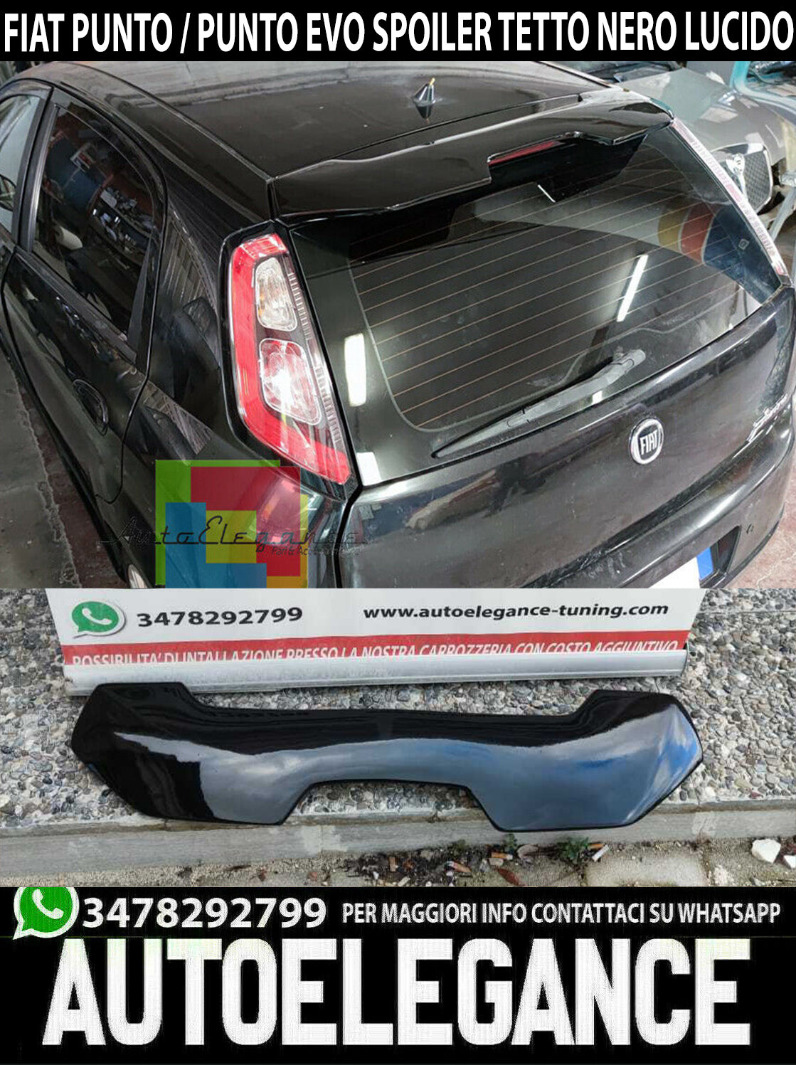 FIAT GRANDE PUNTO / PUNTO EVO SPOILER SUL TETTO SPORTIVO NERO LUCIDO 0