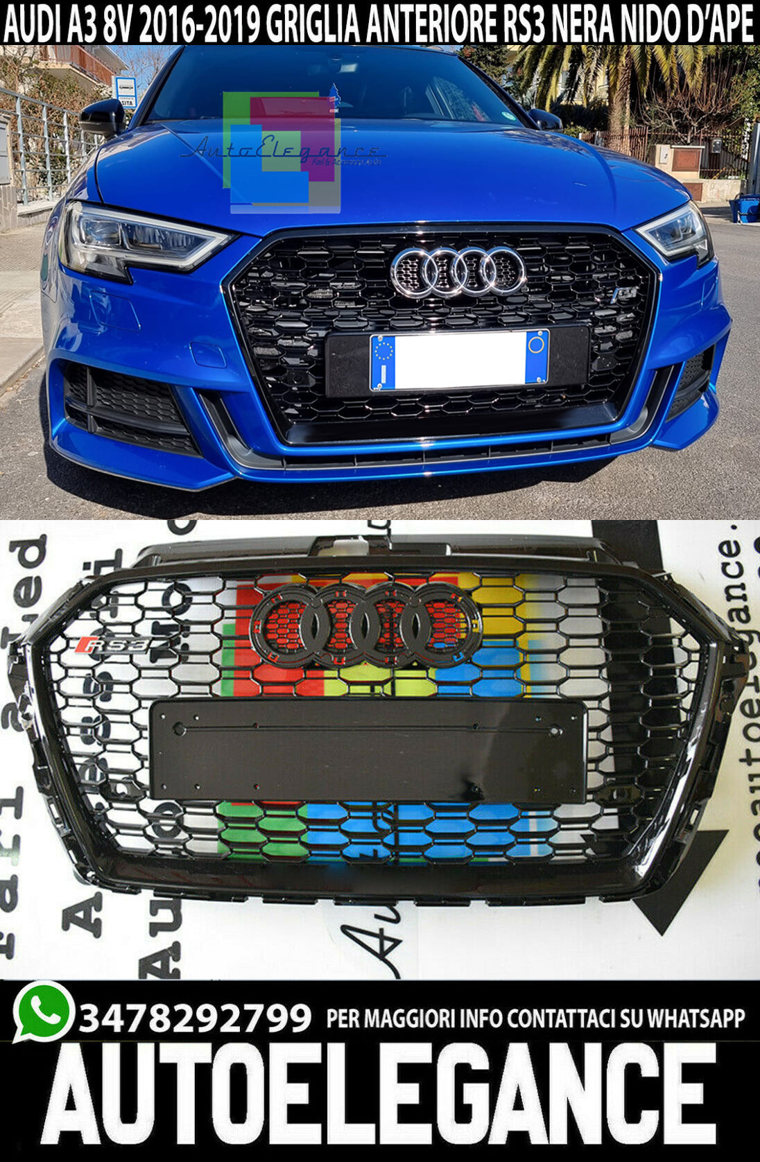 Griglia Anteriore senza logo Audi A3 8V (2012-2016) RS3 Design Nero