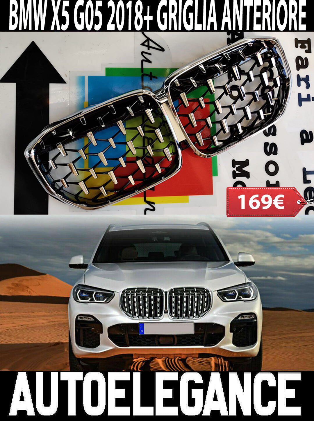 Griglia Nera a Rene con LED, Paraurti Anteriore per BMW X5 G05 2019 - 2022 Auto ABS Modelli Banda Doppia Lucida | Griglia