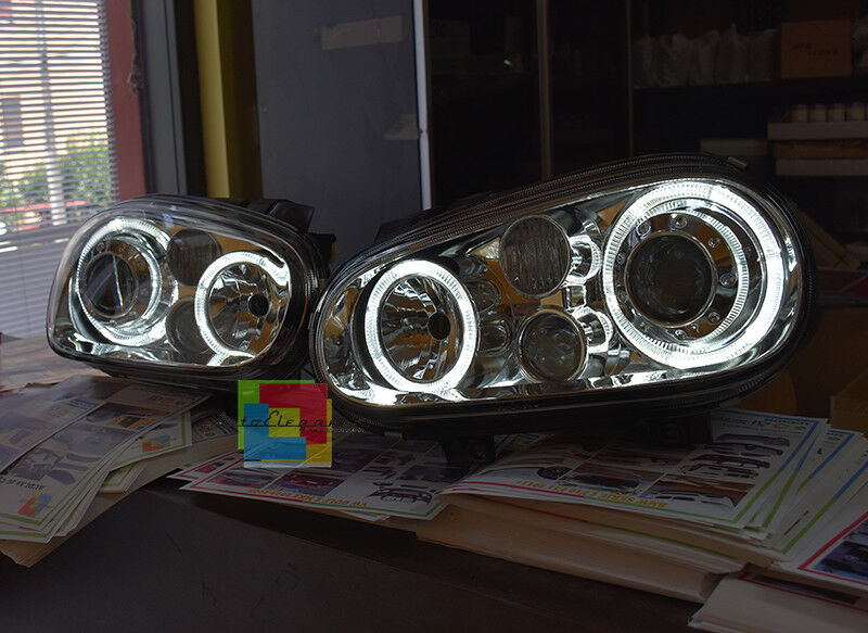 SPORT HEADLIGHTS VW GOLF 4 97-03 CHROME HEADLIGHTS WITH WHITE ANGEL EYES