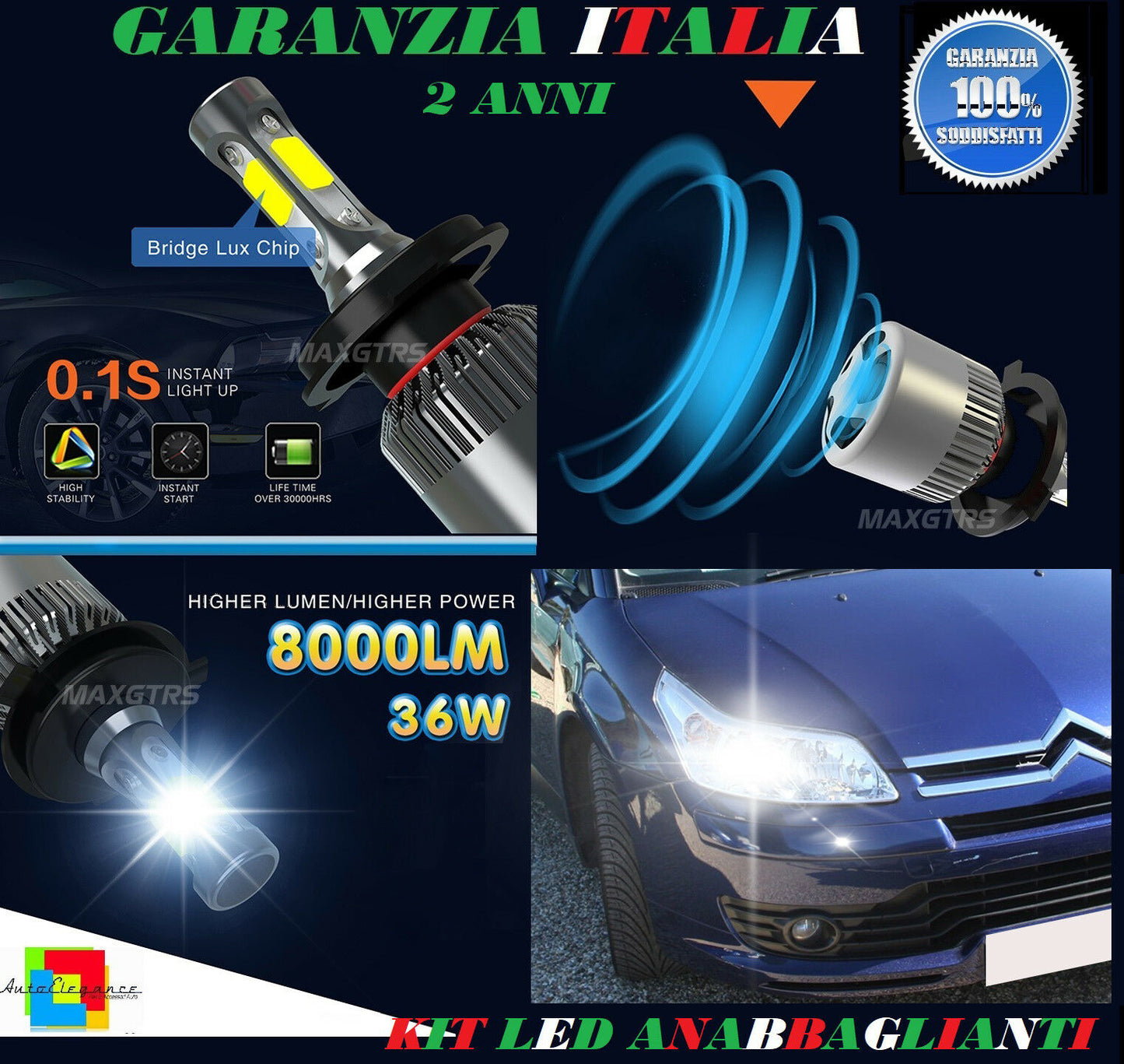 LAMPADE ANABBAGLIANTI 36W LED CITROEN C4 COUPE 2004-2010 ISTANTANEO 6000K
