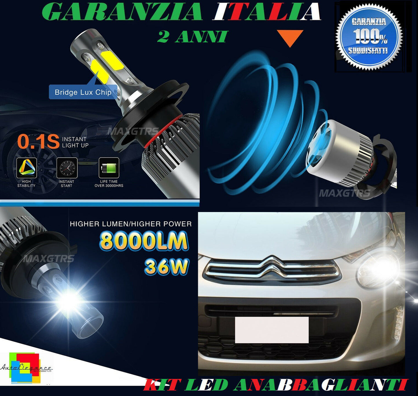 LOW BEAM LAMPS 36W LED CITROEN C1 II 2014 ONWARDS INSTANTANEOUS 6000K