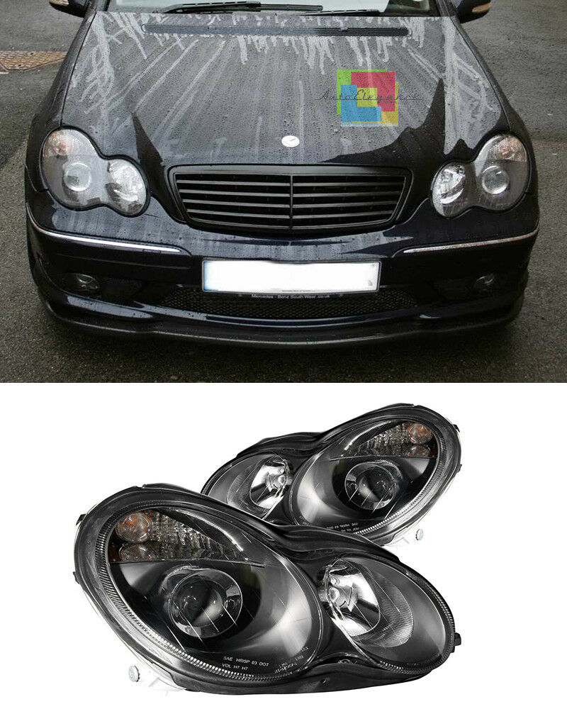 HEADLIGHTS MERCEDES C CLASS W203 2000-2006 BLACK LENTICULAR HEADLIGHTS