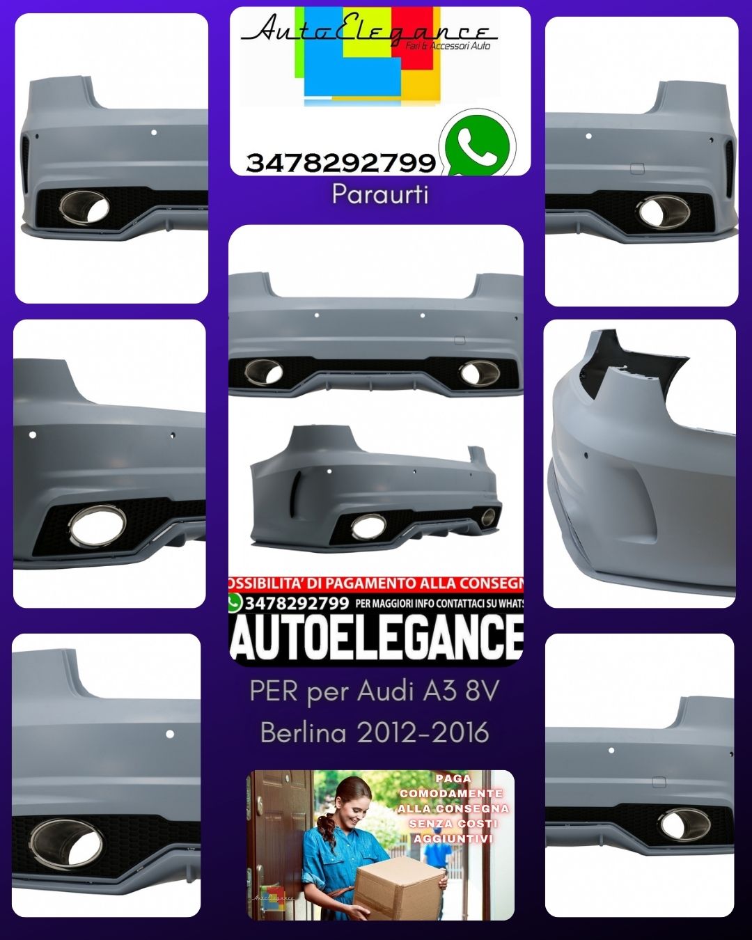 Paraurti posteriore adatto per Audi A3 8V Berlina Pre Facelift (2012-2016) RS Design