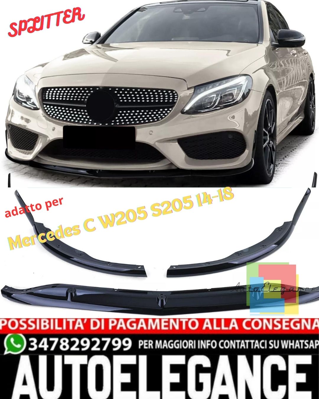💎SPLITTER Sport Look Gloss Black for Mercedes C W205 S205 14-18💎
