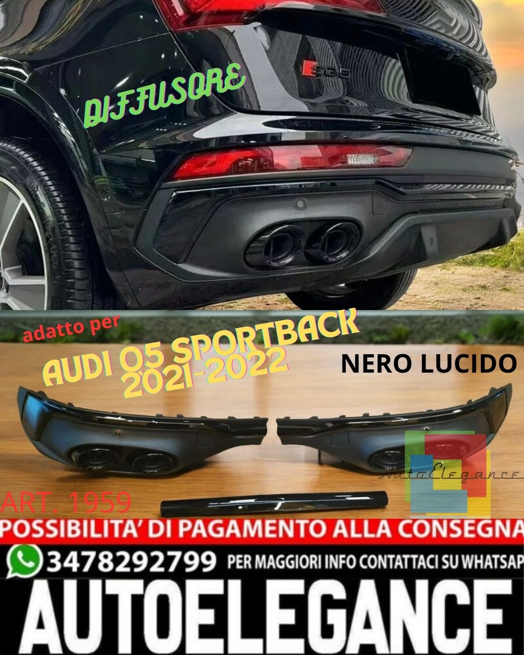 ✨💎DIFFUSORE NERO LUCIDO ADATTO PER AUDI Q5 SPORTBACK 2021-2022 LOOK SQ5💎✨