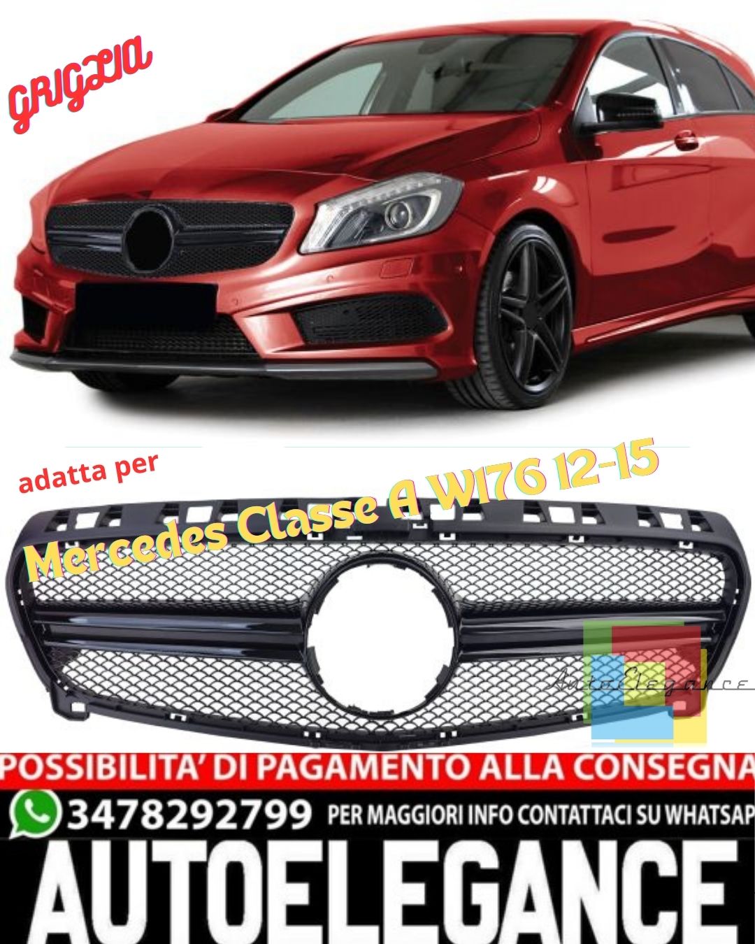 ✨Griglia Sportiva Doppia Barra Nera Lucida Per Mercedes Classe A W176 12-15✨