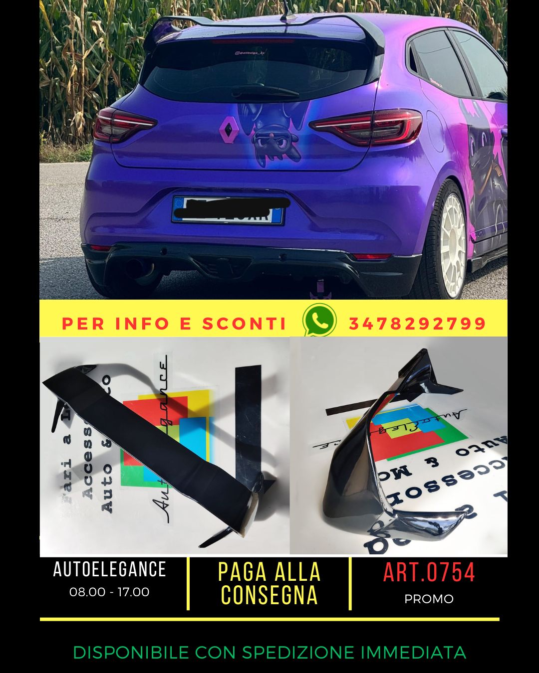 🔥0754 SPOILER CLIO 5 2019+ STANDARD LOOK RS NERO LUCIDO🔥