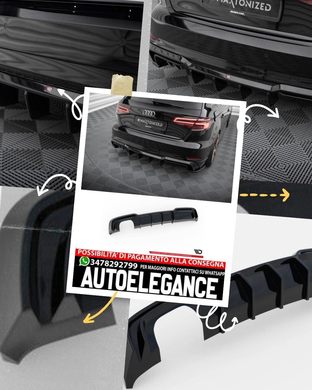 DIFFUSORE POSTERIORE ADATTO PER  AUDI A3 SPORTBACK 8V FACELIFT (VERSIONE CON DOPPIO TERMINALE DI SCARICO)