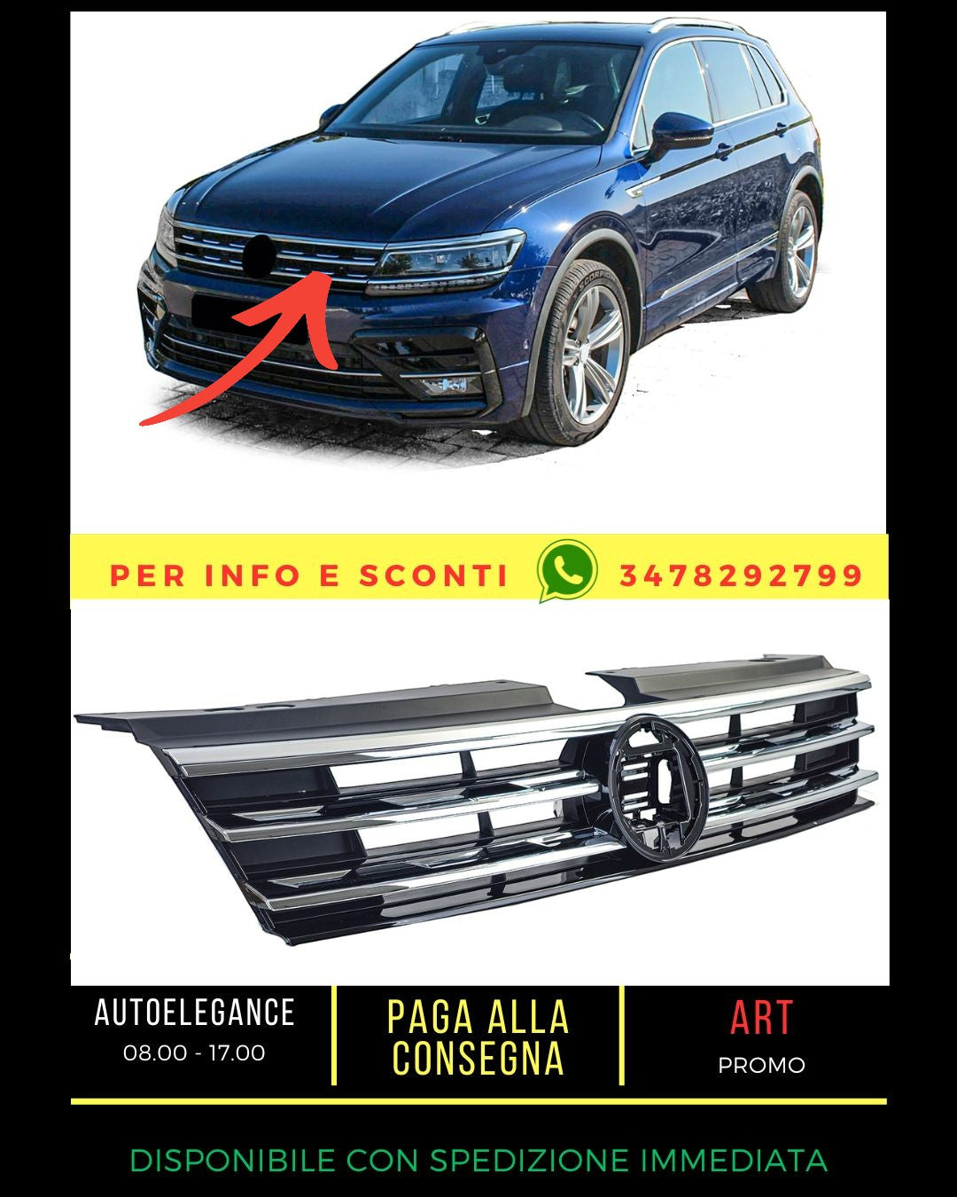 ⭐Black Grille with Chrome Stripes for VW Tiguan II 2016-2020⭐