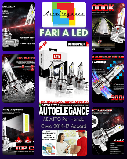 4x 9005+H11 Lampadina Faro LED Hi-Lo per Honda Civic 2014-17 Accord 2008-17