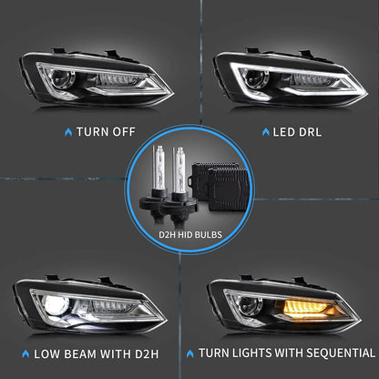 LED Headlights DRL + D2H Xenon Bulbs Compatible with Volkswagen Polo MK5 6R 6C 2009–2017 【Not for 1.2 TSI/R】 