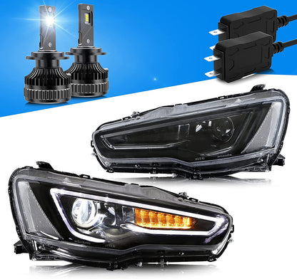 Dual Beam Headlights + D2S LED Bulbs for Mitsubishi EVO X &amp; Lancer 2008-2020 【Bulbs Included】 