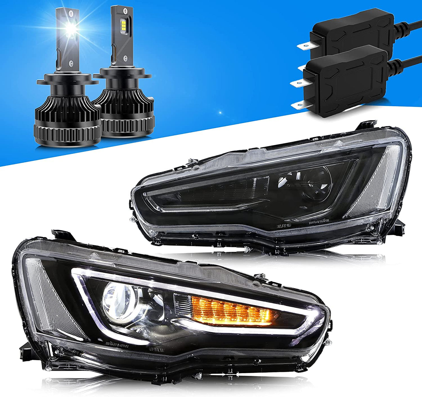 Dual Beam Headlights + D2S LED Bulbs for Mitsubishi EVO X &amp; Lancer 2008-2020 【Bulbs Included】 