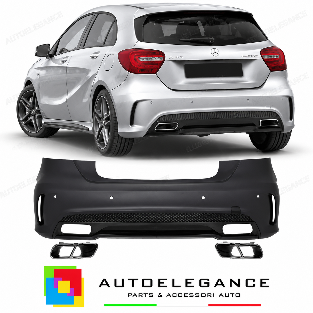 PARAURTI POSTERIORE MERCEDES CLASSE A W176 12-15 LOOK AMG A45 PDC + TERMINALI DI