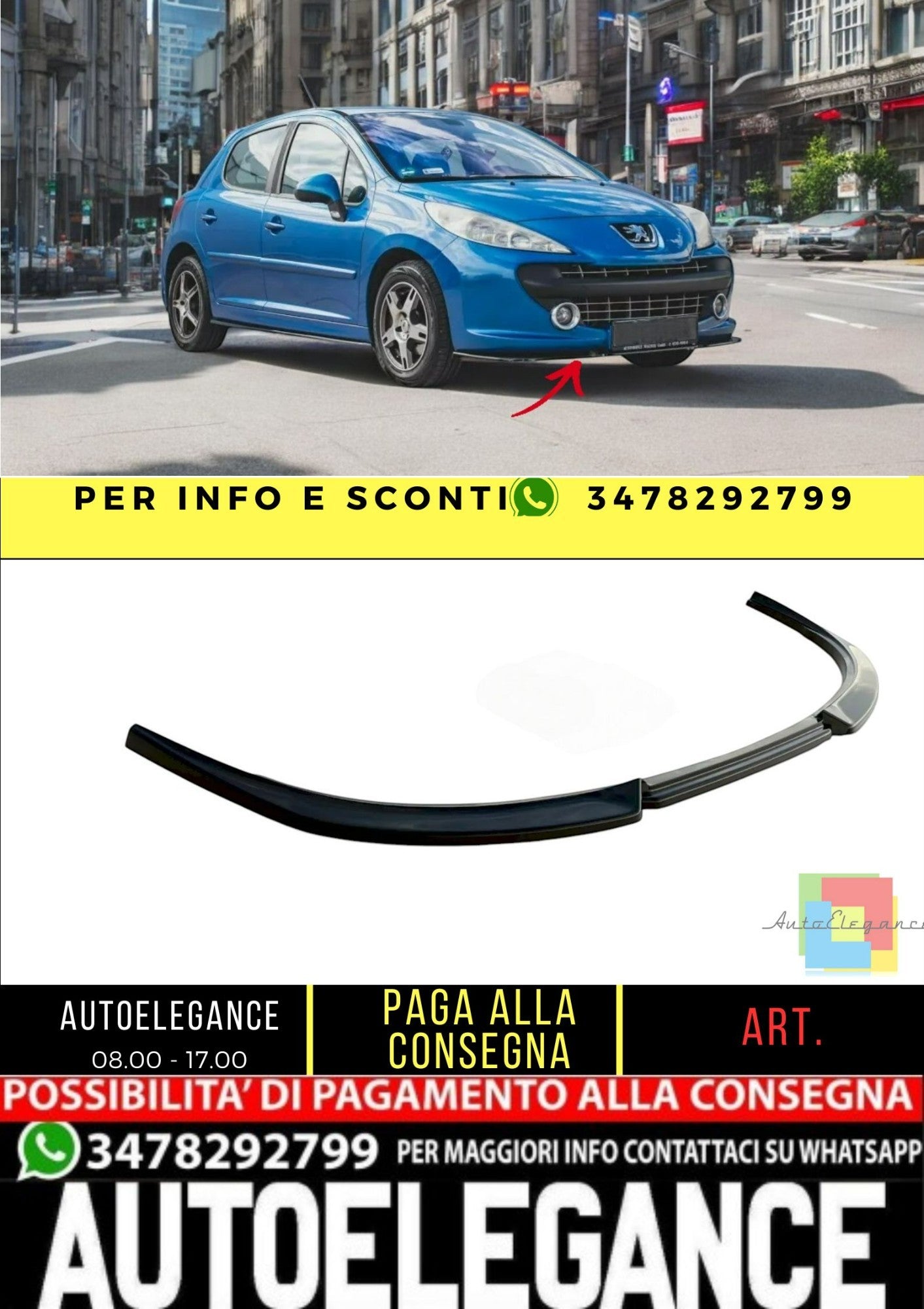 ✨Splitter Anteriore Design Nero Lucido ABS per Peugeot 207 Sport 2006-2009✨