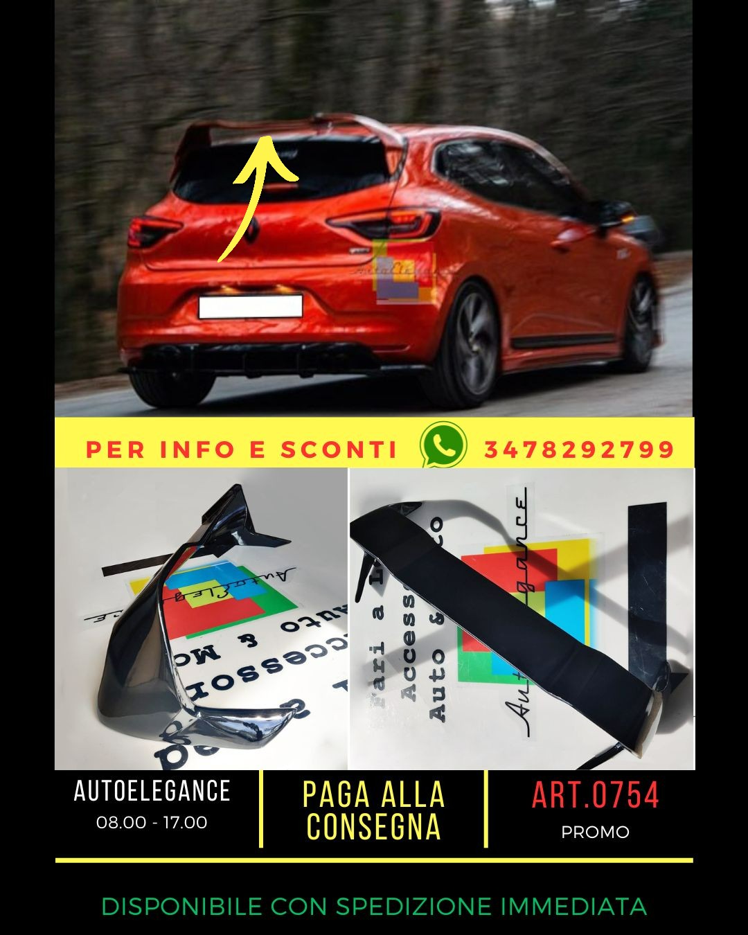 🔥0754 SPOILER CLIO 5 2019+ STANDARD LOOK RS NERO LUCIDO🔥