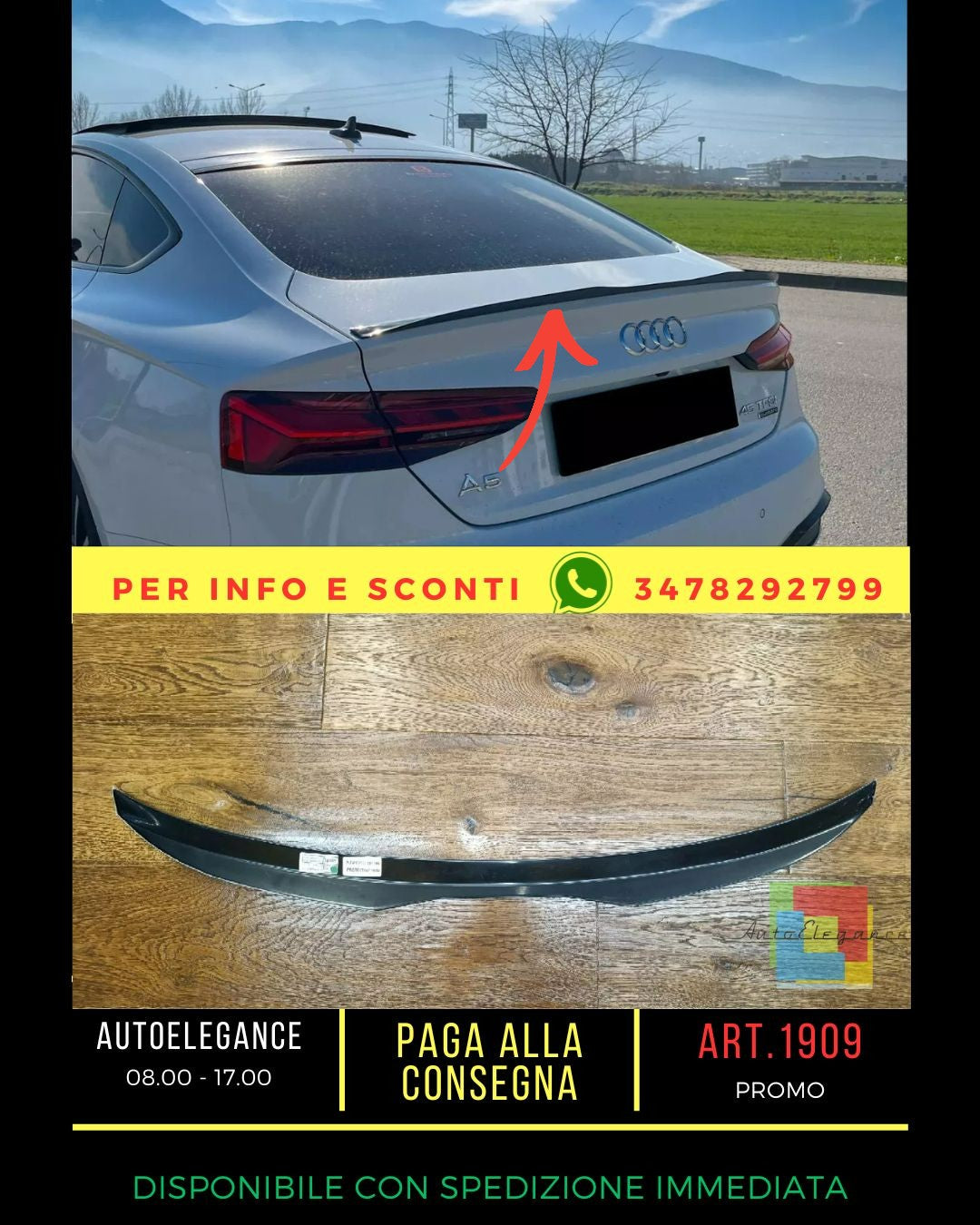 🔥1909 SPOILER PER AUDI A5 F5 2016+ SPORTBACK SLINE NERO LUCIDO (ALA)🔥