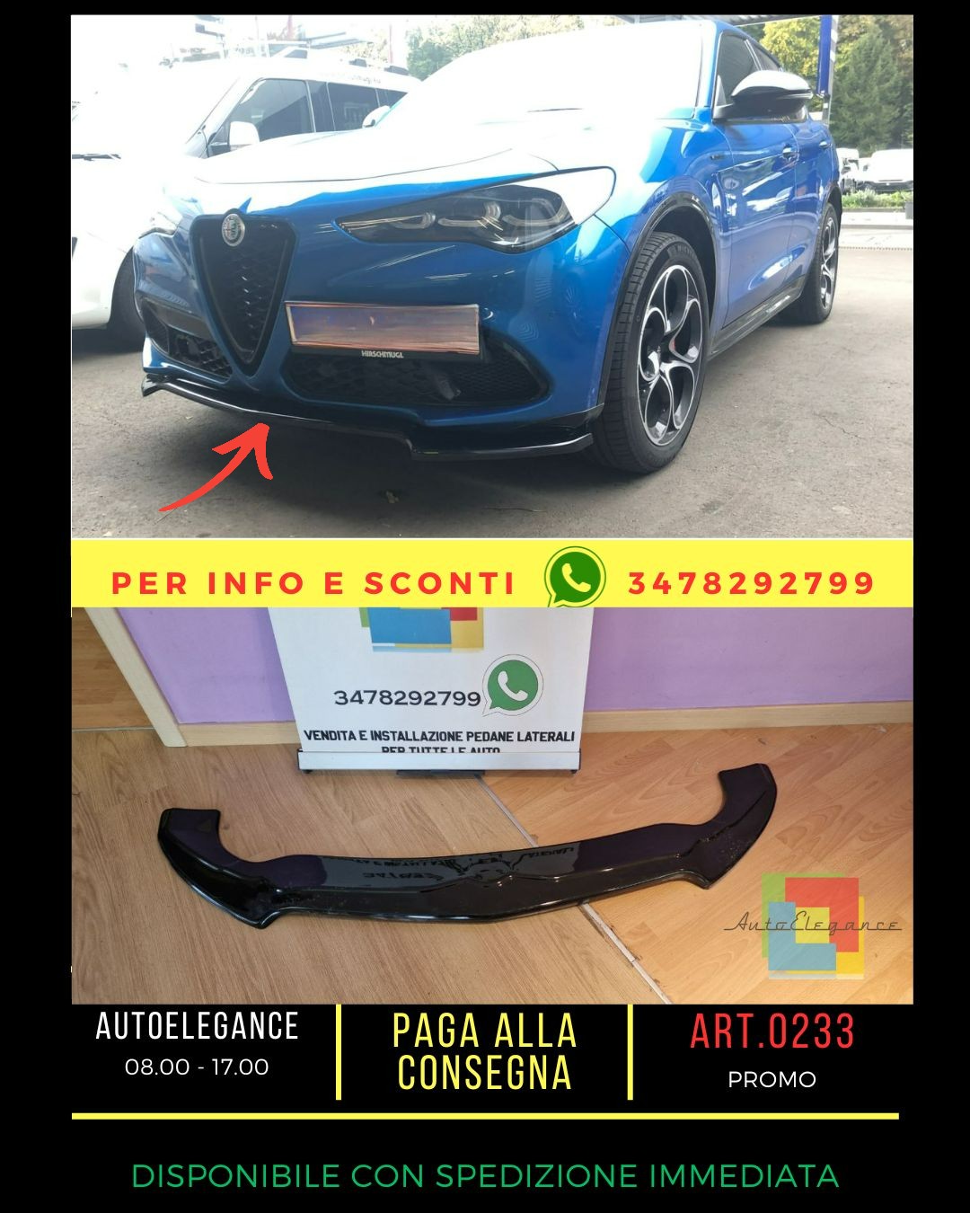 🔥0233 SPLITTER PER ALFA ROMEO STELVIO 2016+ NERO LUCIDO SOTTO PARAURTI🔥