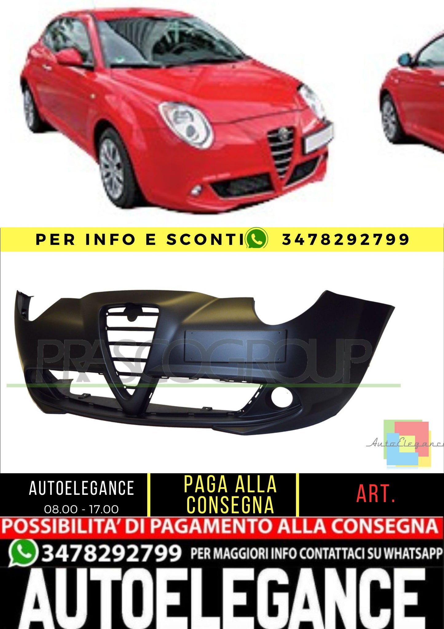 ✨AA2101001 PARAURTI ANTERIORE-CON PRIMER PER ALFA ROMEO - MITO 2008-2016✨