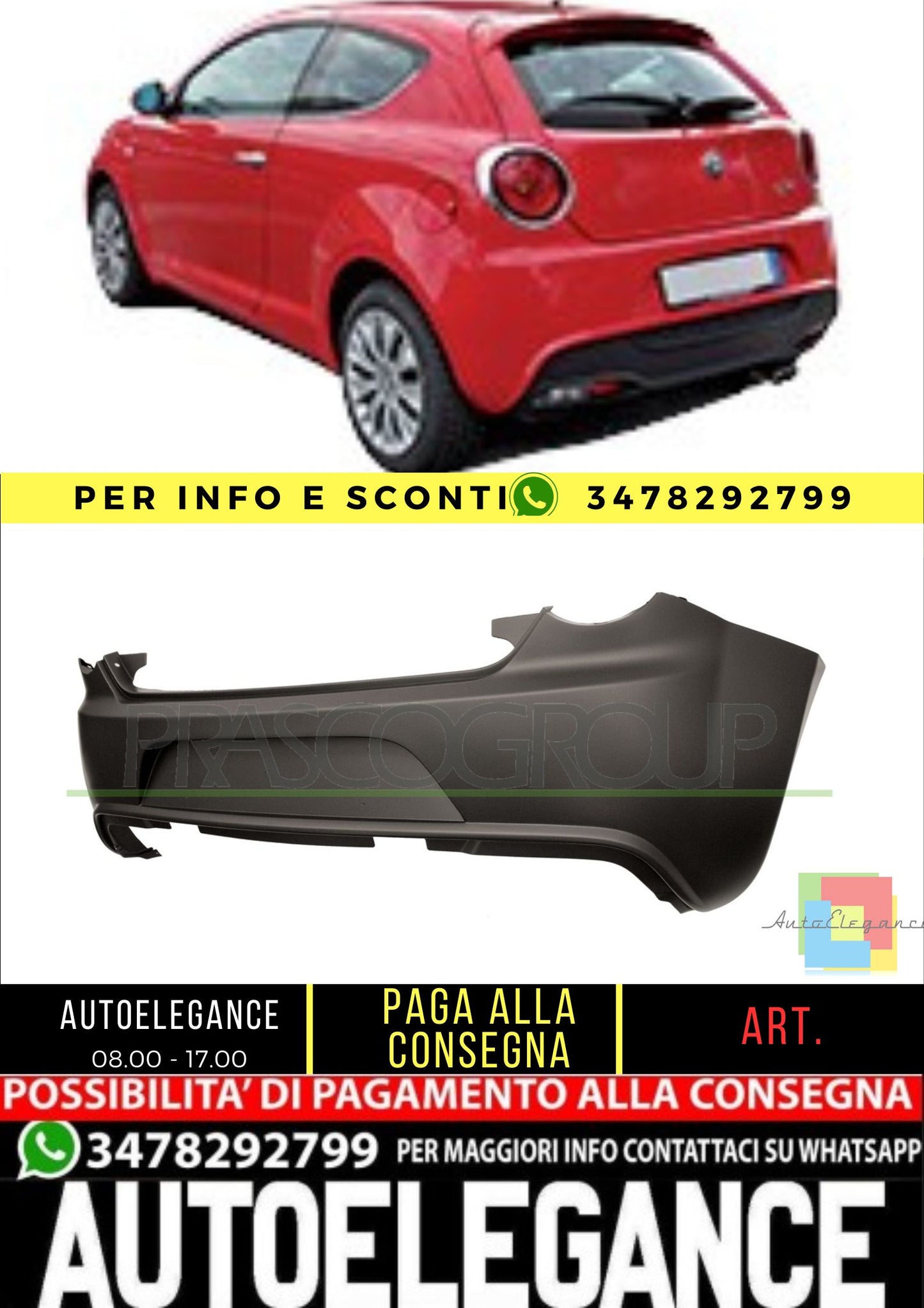 ✨AA2101051 REAR BUMPER-WITH PRIMER FOR ALFA ROMEO - MITO 2008-2016✨