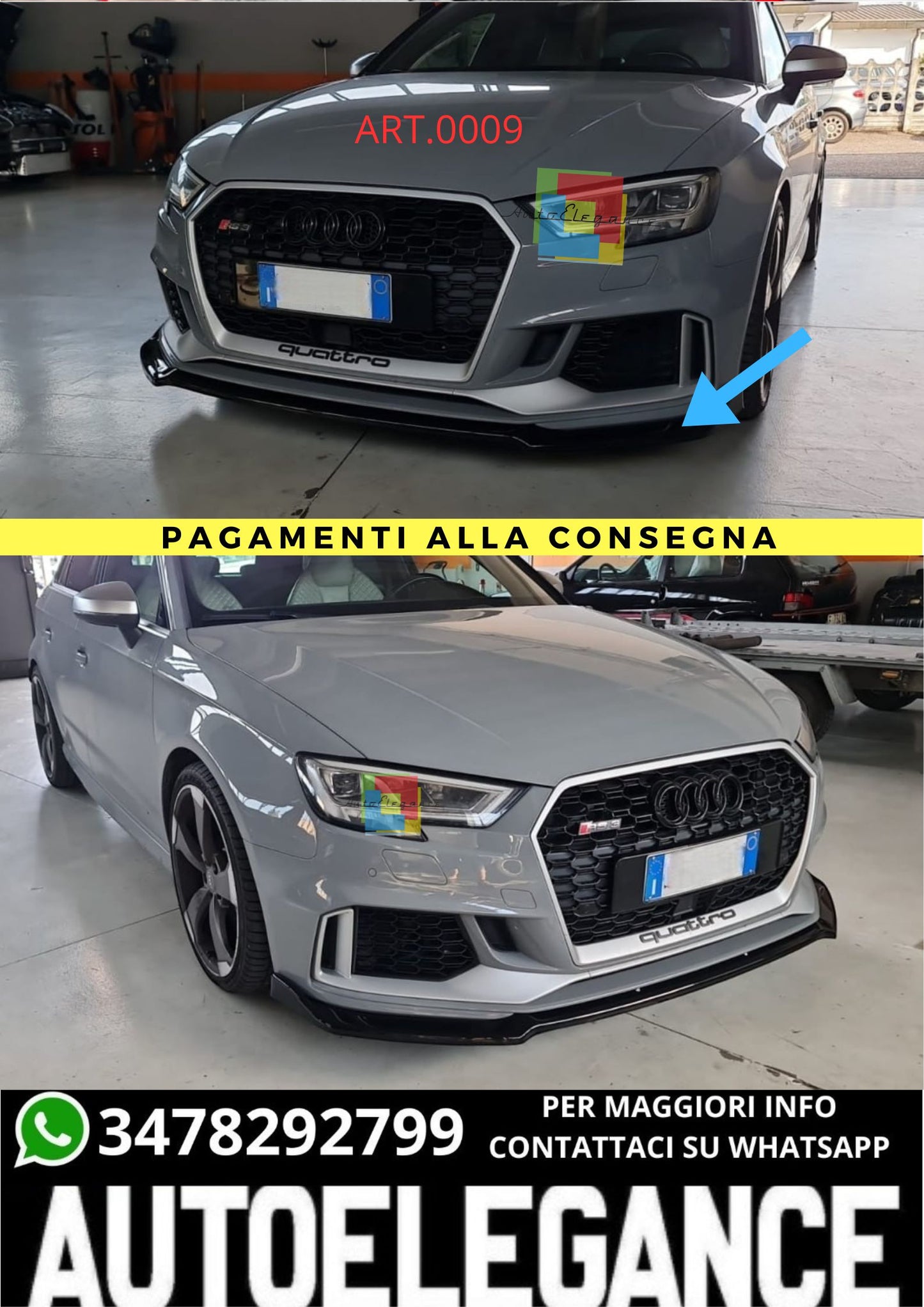 SPLITTER SOTTO PARAURTI ADATTO PER AUDI A3 8V 2017+ RS3 ABS LOOK NERO LUCIDO