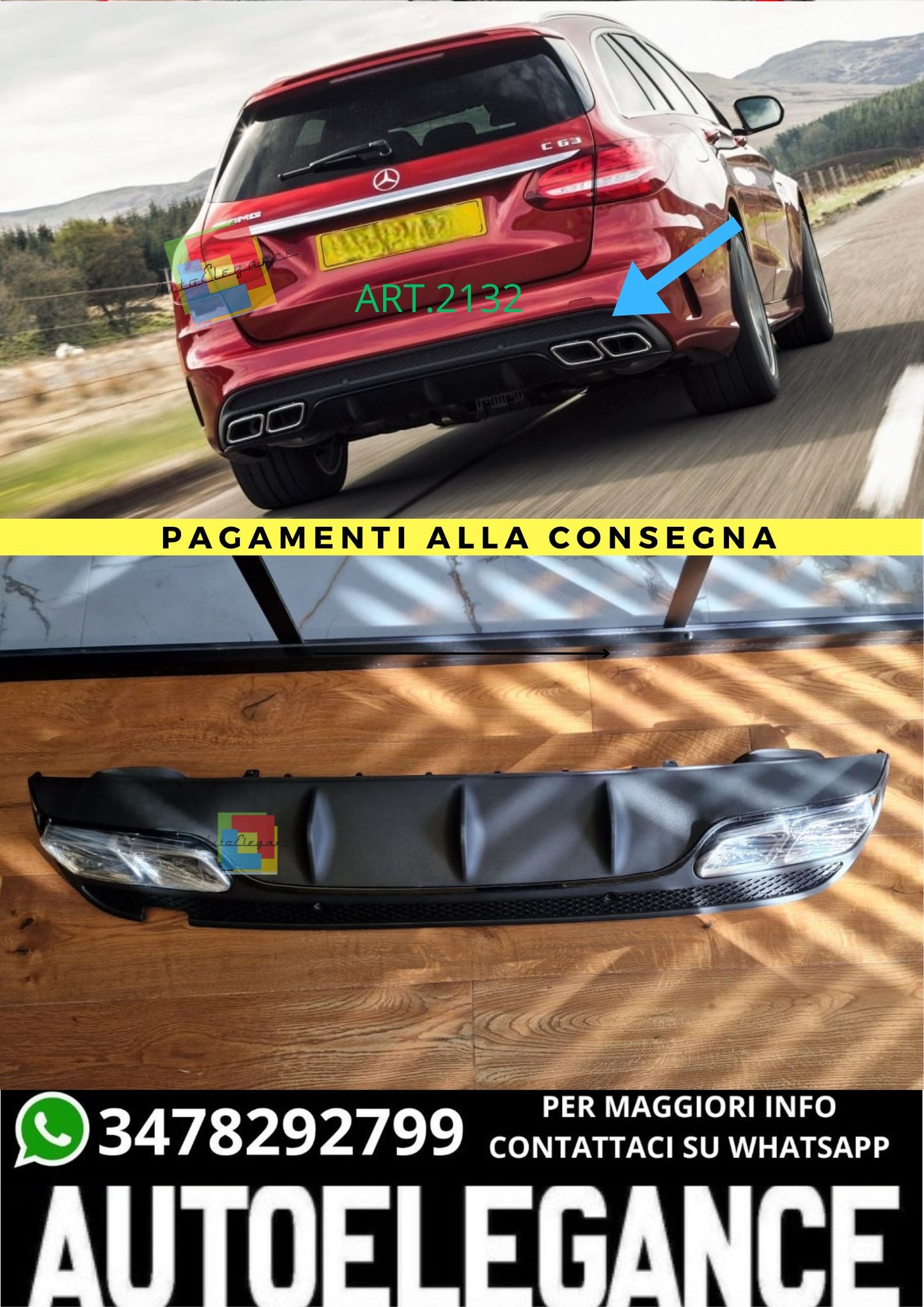 🔥DIFFUSORE CLASSE C W205 2015-2018 BERLINA STATION C63 + TERMINALI CROMATI🔥
