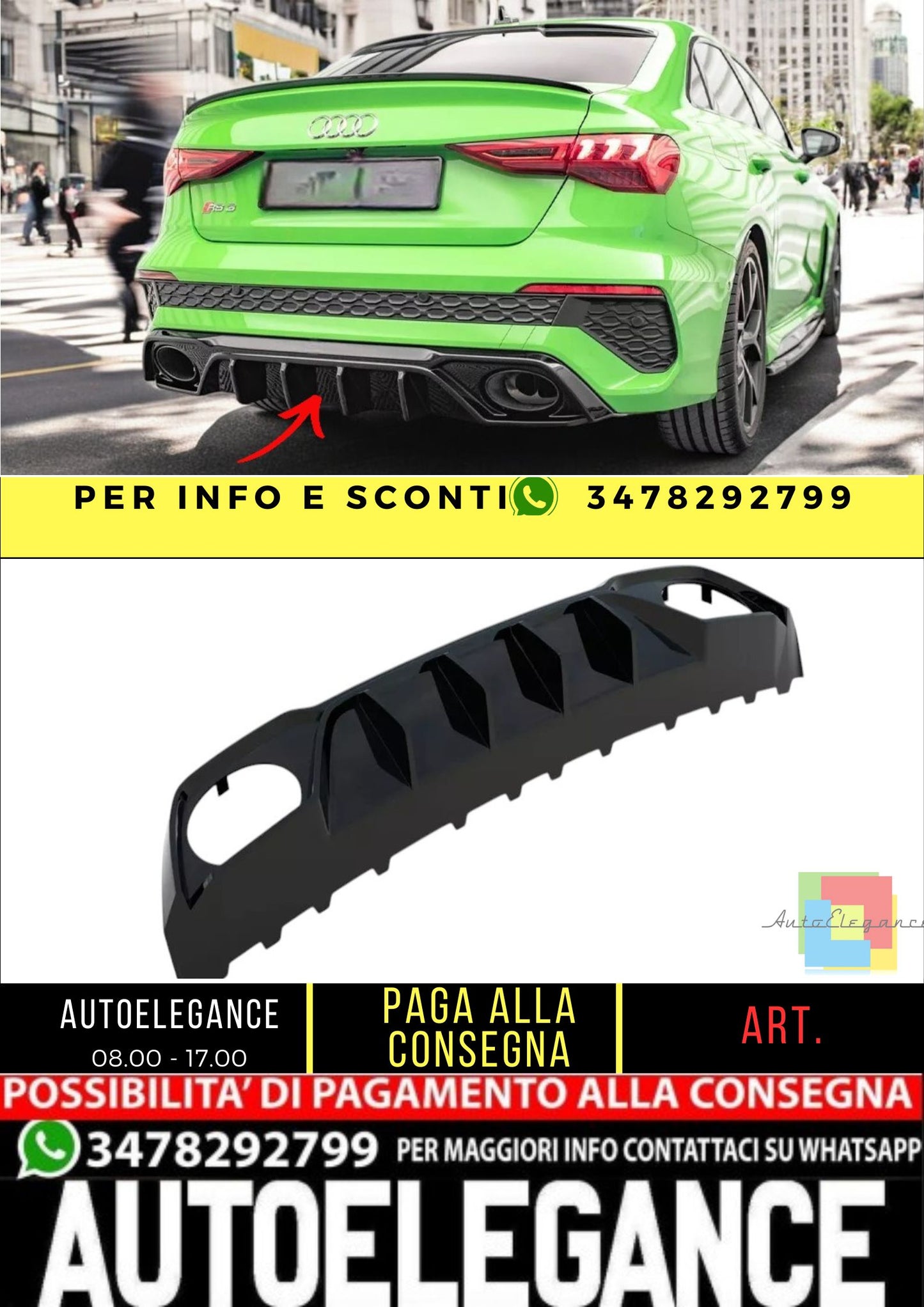 ✨DIFFUSORE nero lucido ABS posteriore per Audi RS3 8Y 2020-✨