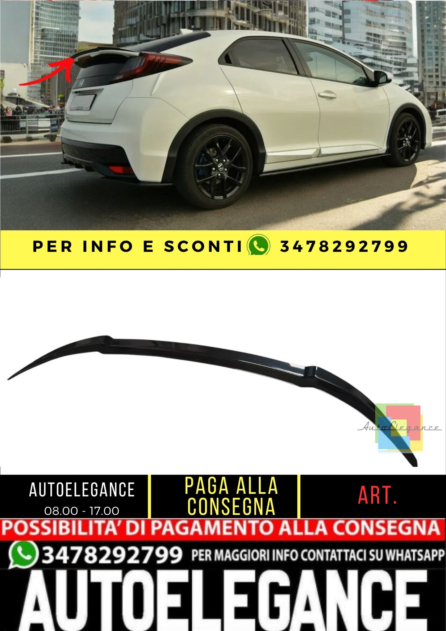 ✨SPOILER Nero Lucido ABS Per Honda Civic Mk9 Facelift 2014-2017✨