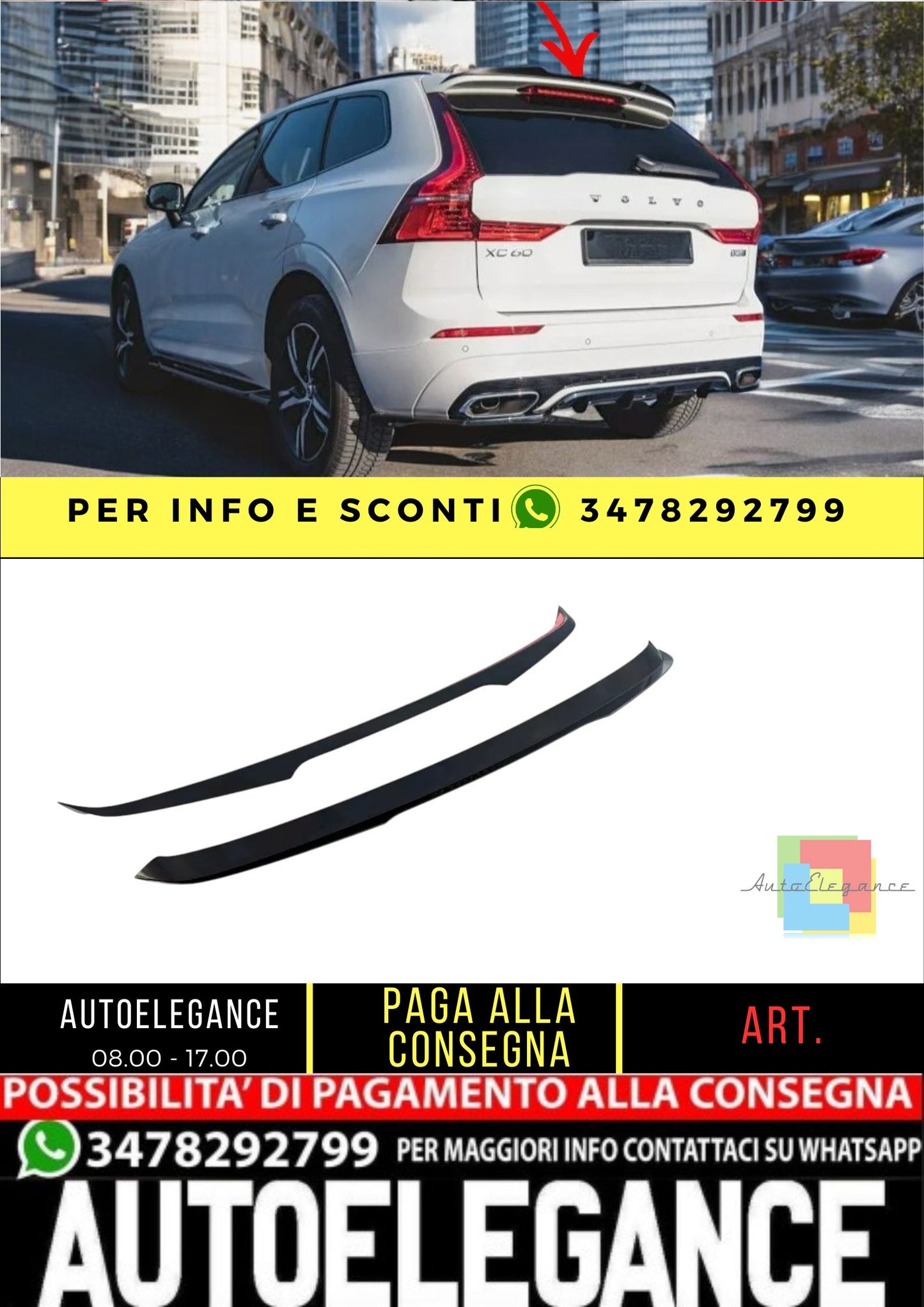 ✨SPOILER ALA AGGIUNTIVA Nero Lucido ABS per Volvo XC60 Mk2 R-Design 2017+✨