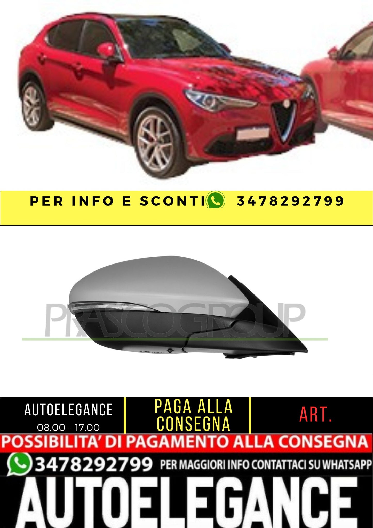 ✨AA7107333 RETROVISORE DESTRO-ELETTRICO-CON PRIMER PER ALFA ROMEO-STELVIO 16+✨