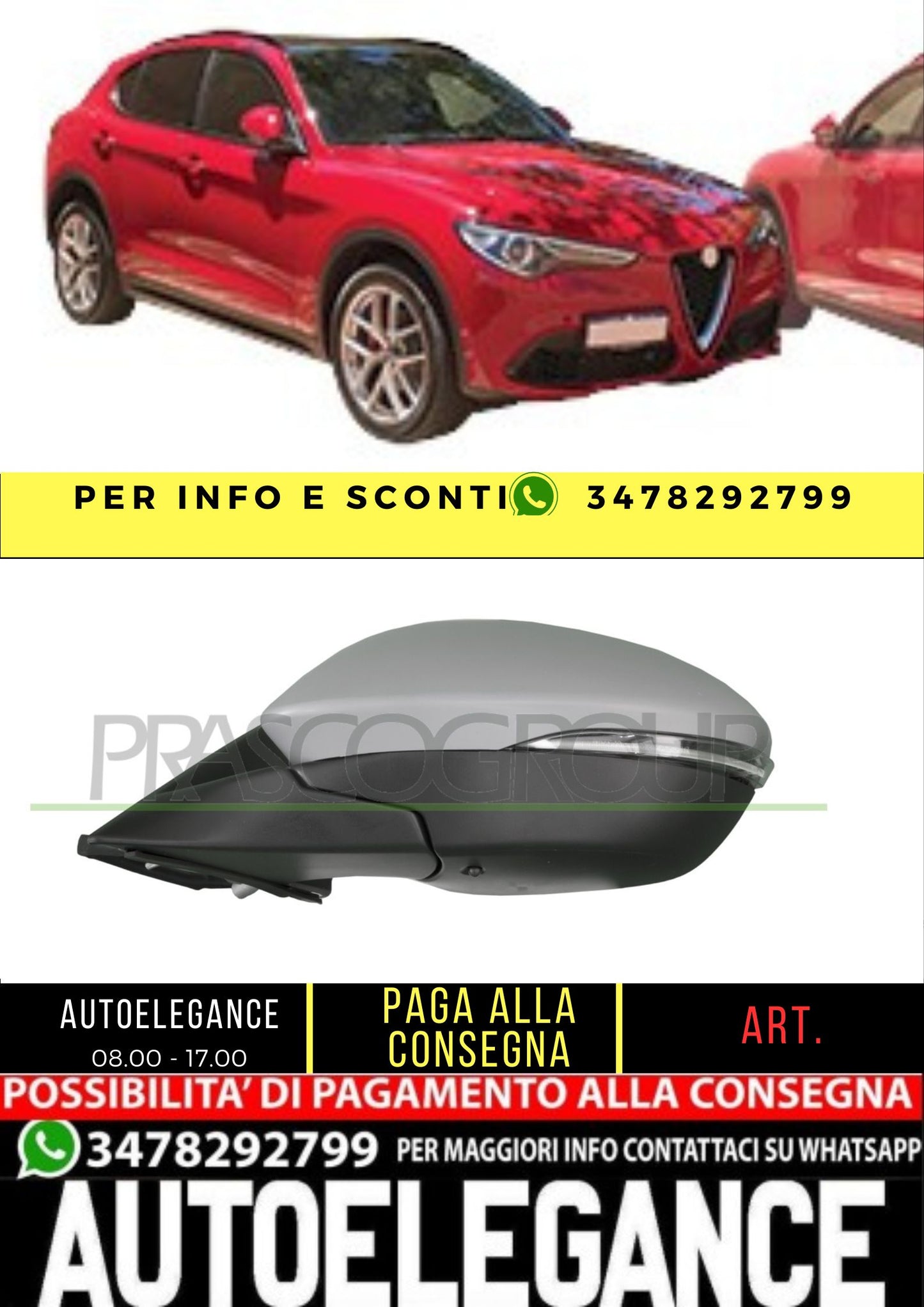✨AA7107314 RETROVISORE SINISTRO-ELETTRICO-CON PRIMER PER ALFA ROMEO-STELVIO 16+✨