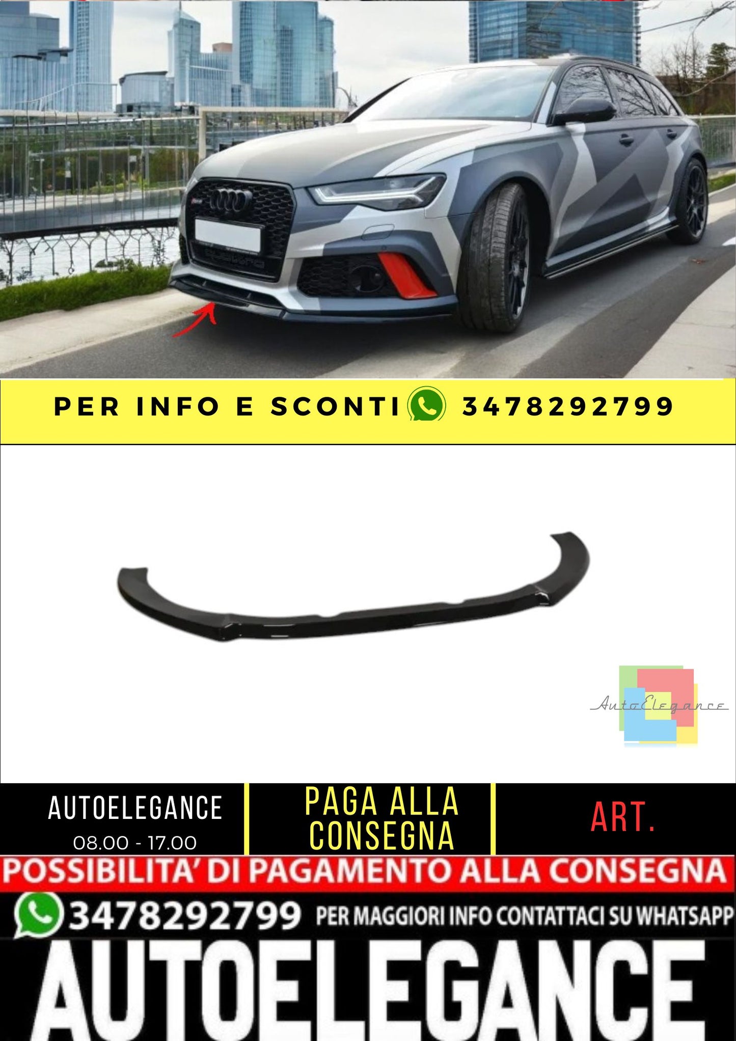 ✨SPLITTER anteriore design nero lucido ABS per Audi Rs6 C7 2013+✨