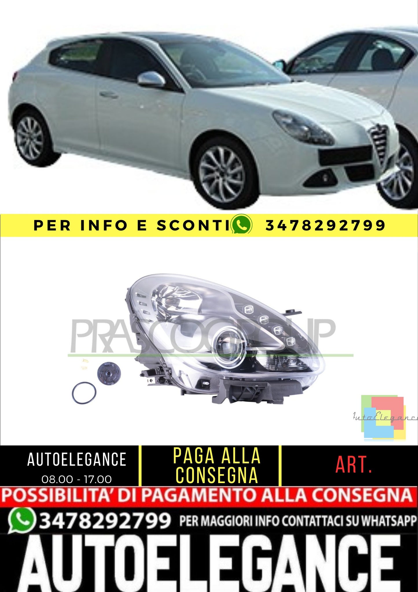 ✨AA3444903 PROIETTORE DESTRO H7+H1-ELETTRICO PER ALFA ROMEO GIULIETTA 10-16✨