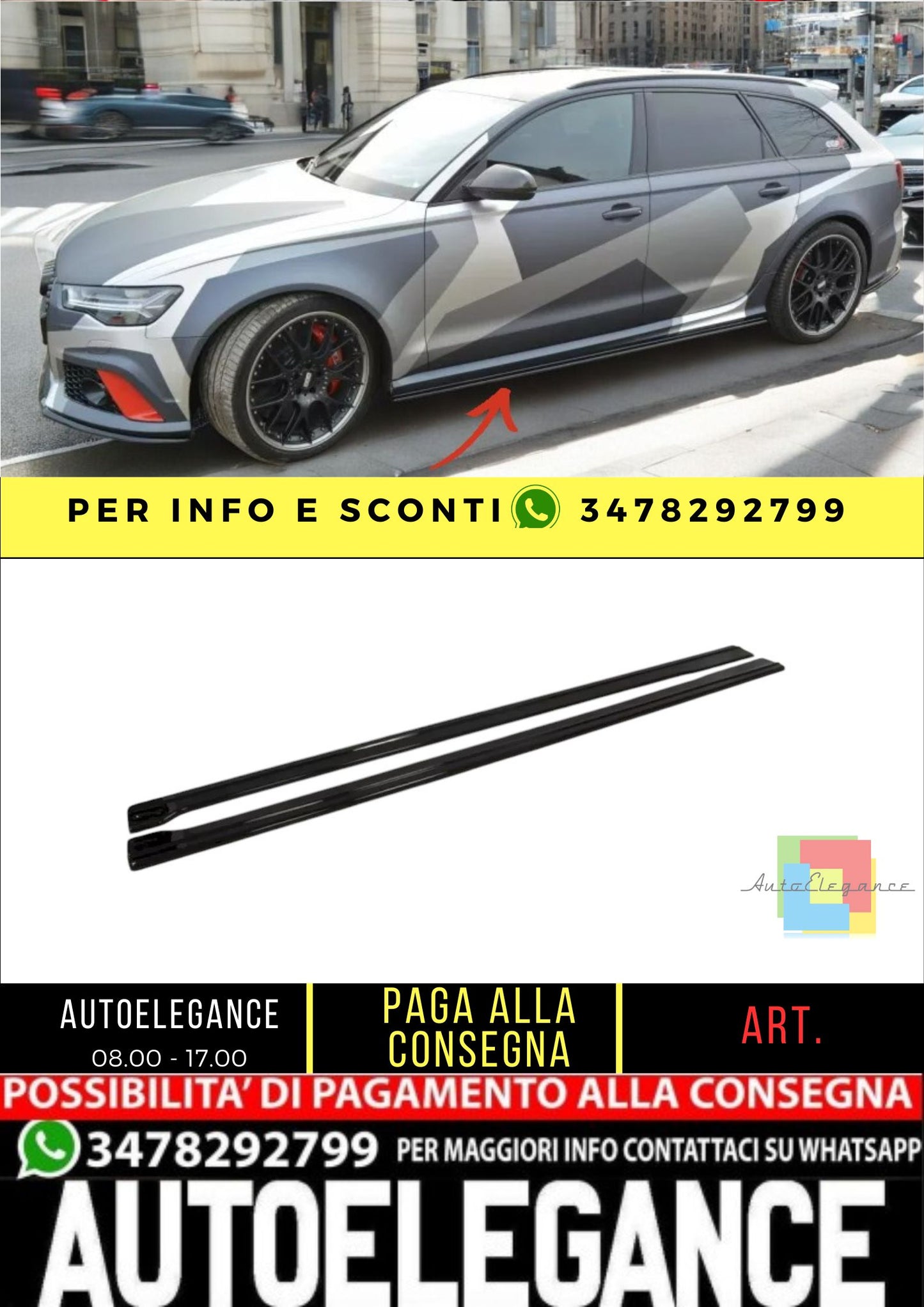 ✨MINIGONNE LATERALI design nero lucido ABS per Audi RS6 C7 2013+✨