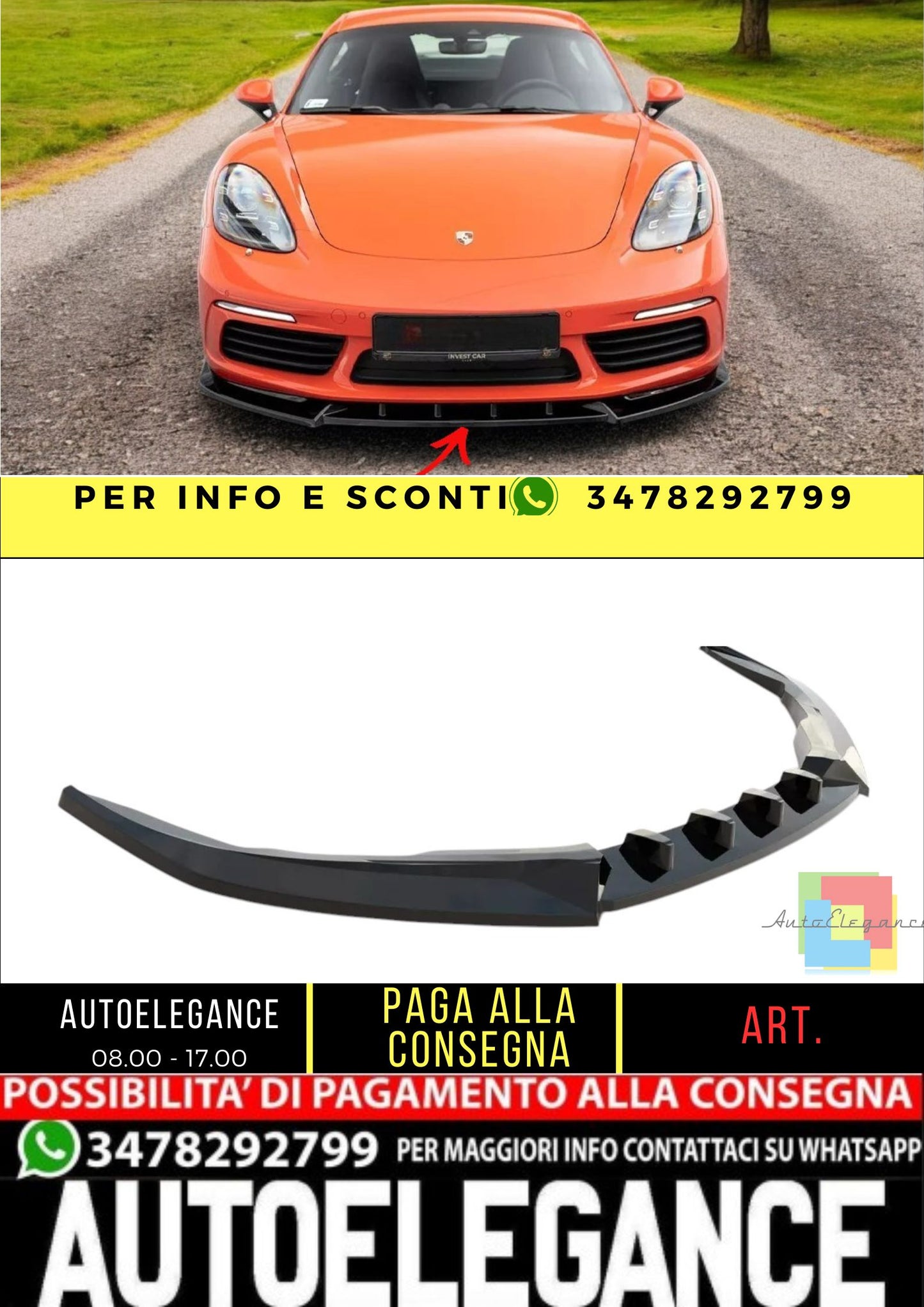 ✨Splitter Anteriore V1 per Porsche 718 Cayman 982c Nero Lucido ABS✨