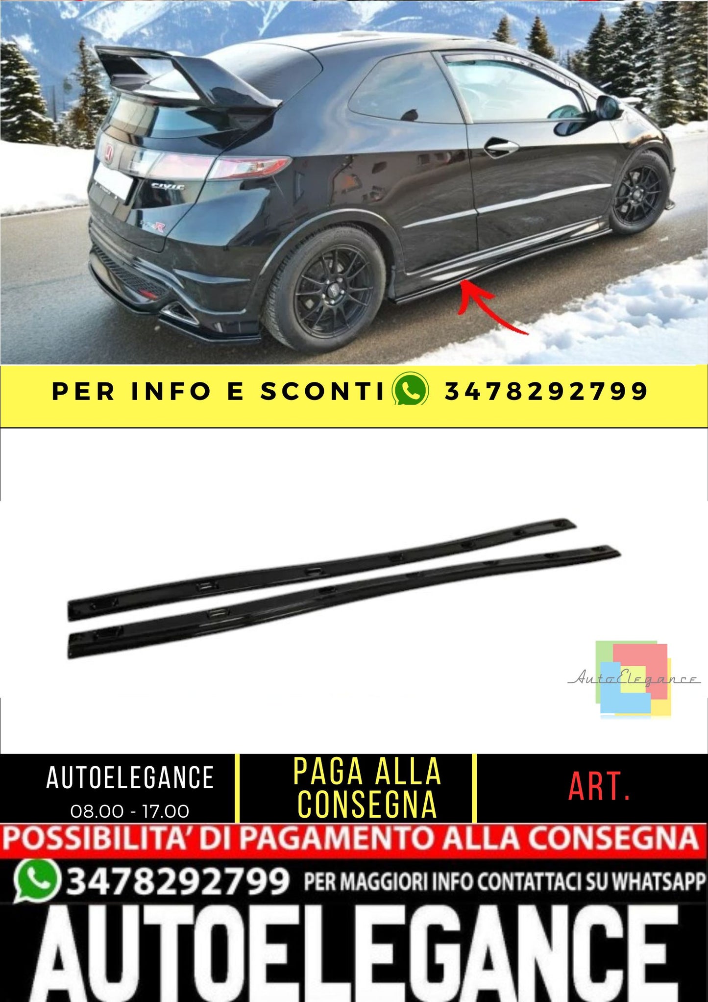 ✨MINIGONNE LATERALI design nero lucido ABS per Honda Civic Mk8 tipo S/R✨