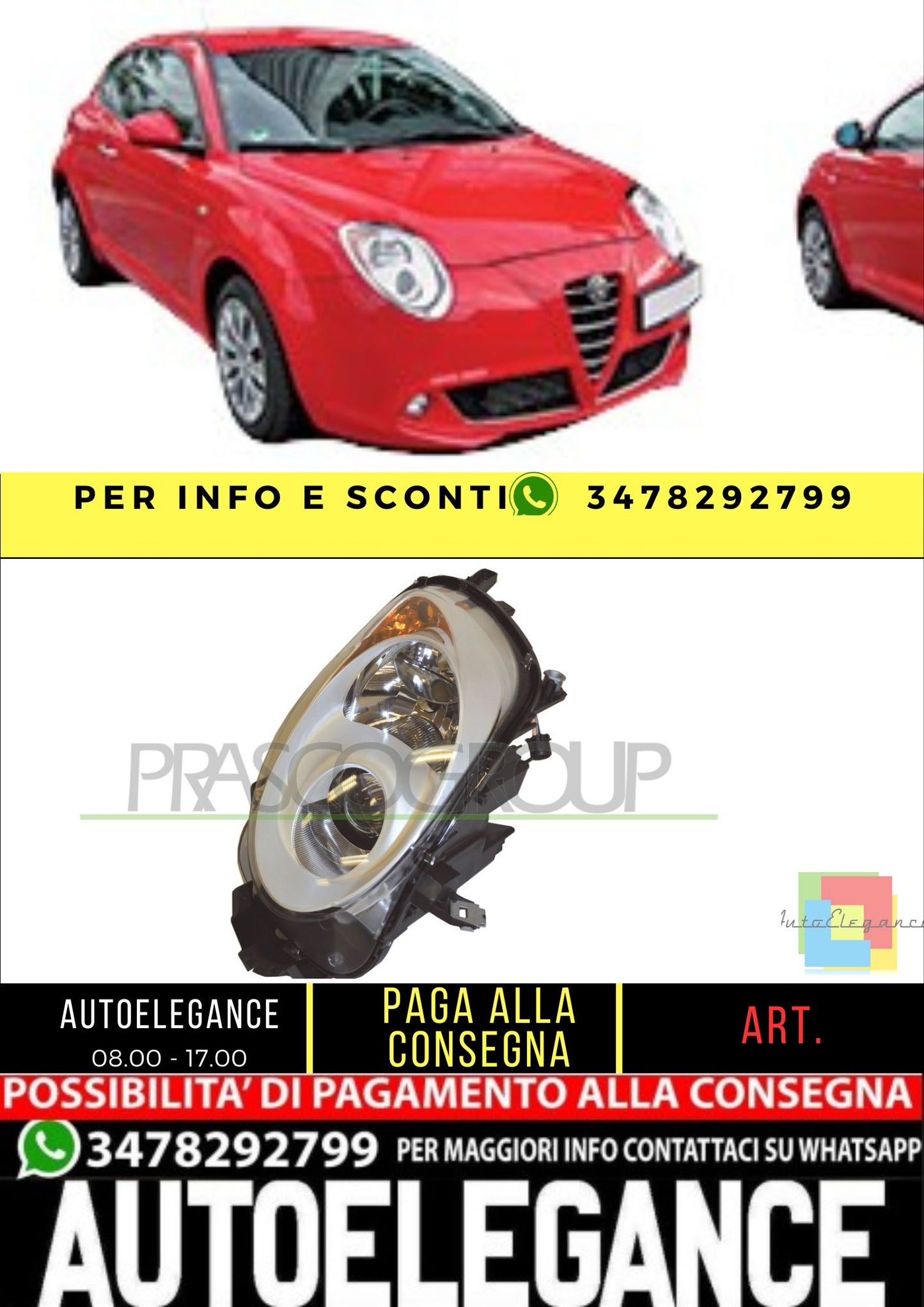 ✨AA2104414 PROIETTORE DESTRO H7+H7-ELETTRICO PER ALFA ROMEO MITO 08-16✨