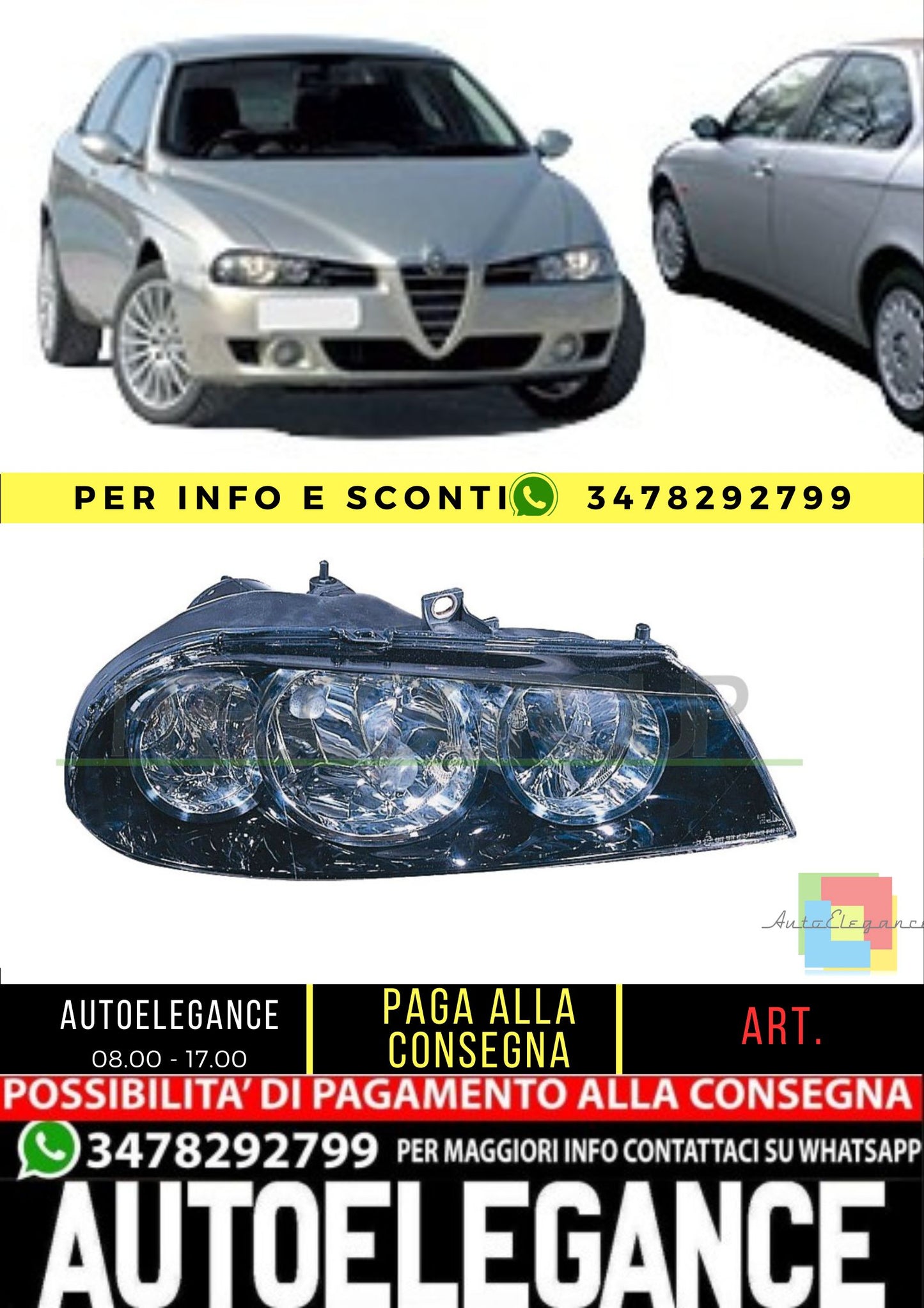 🔥AA0824903 PROIETTORE DESTRO H1+H7-ELETTRICO PER ALFA ROMEO - 156 2003-2005🔥