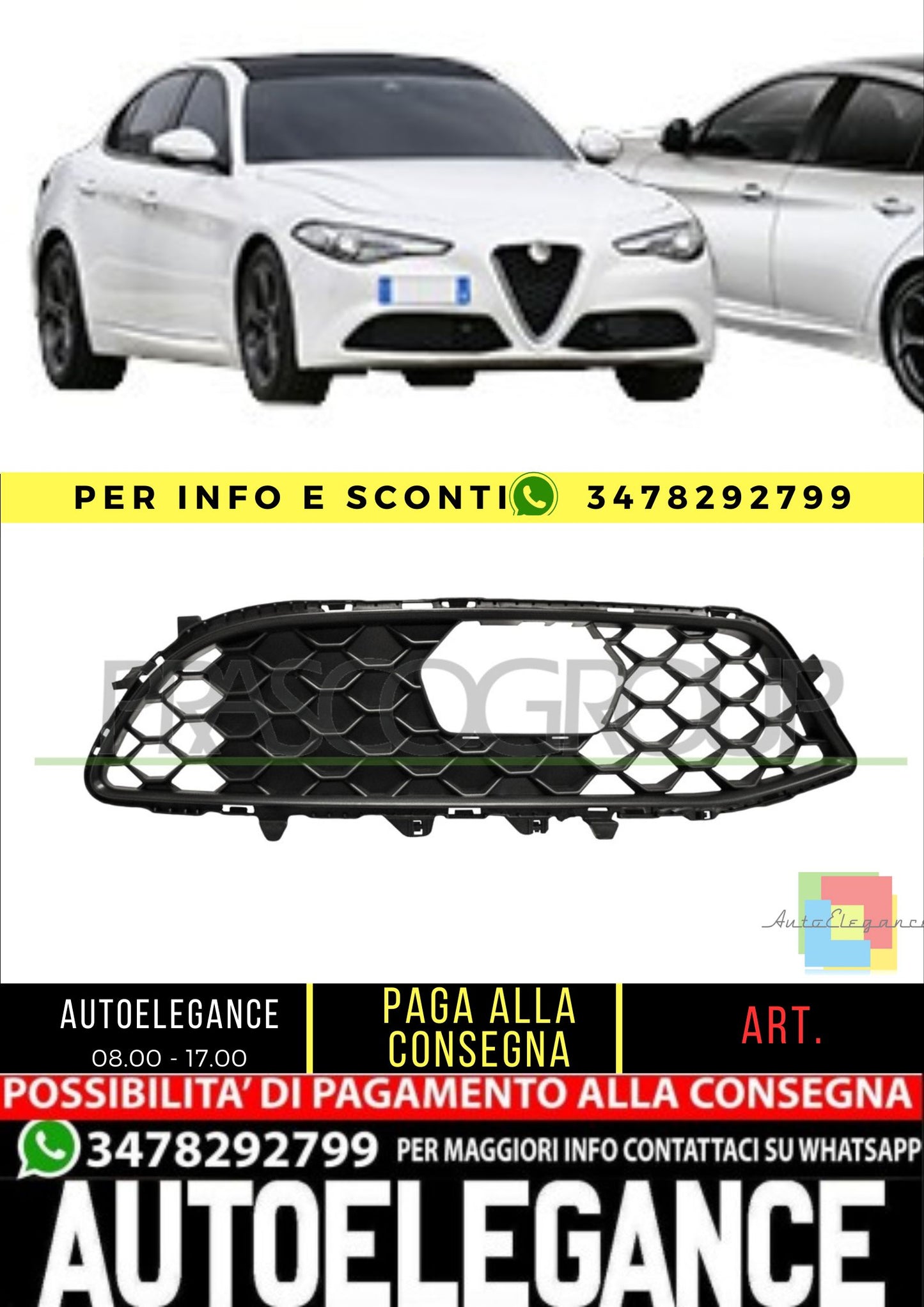 ✨AA0922123 GRIGLIA DESTRA PARAURTI ANTERIORE-NERA-CON PER ALFA ROMEO GIULIA 15+✨