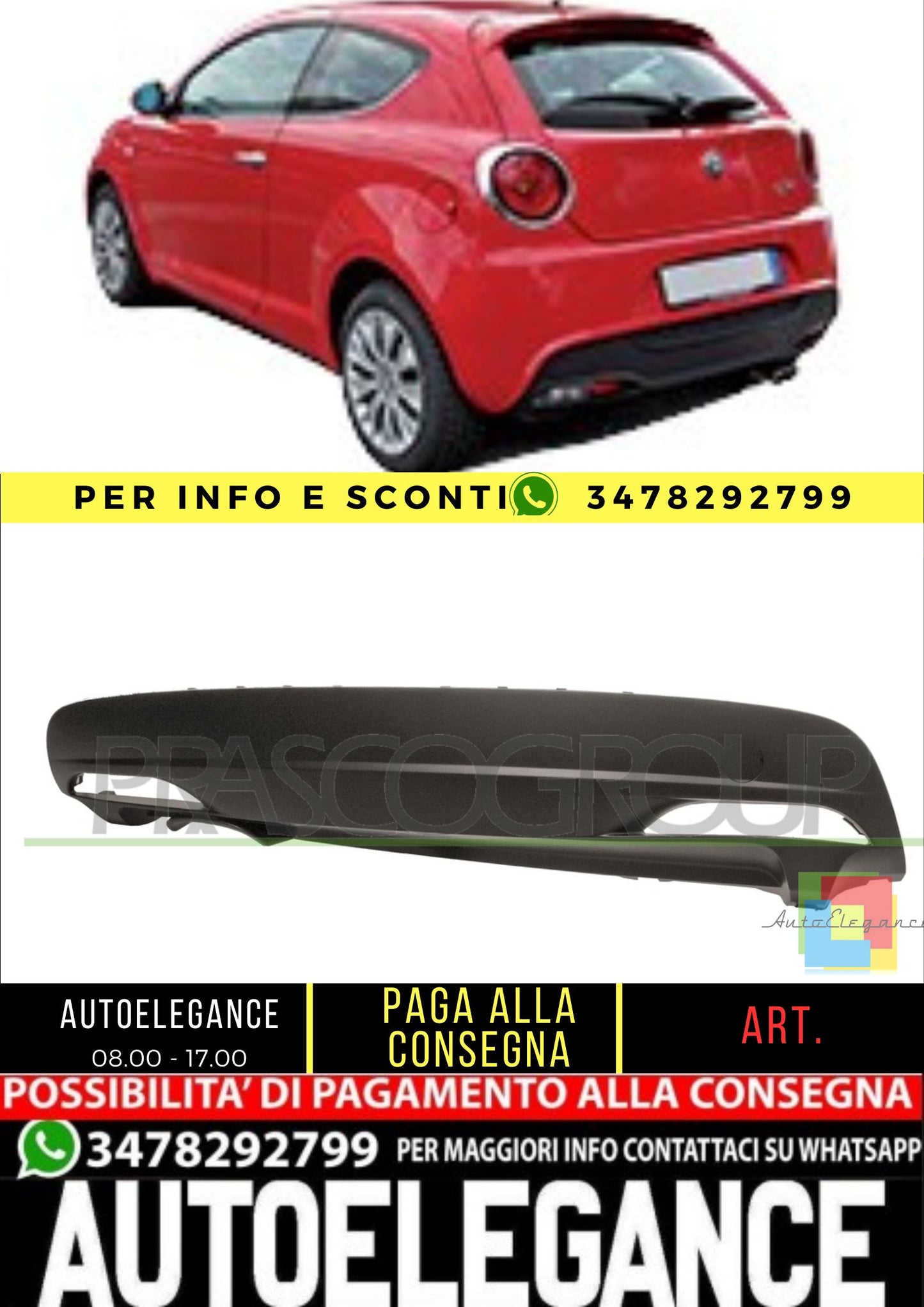✨AA2101851 DIFFUSORE POSTERIORE CON TRACCE PDC PER ALFA ROMEO - MITO 2008-2016✨