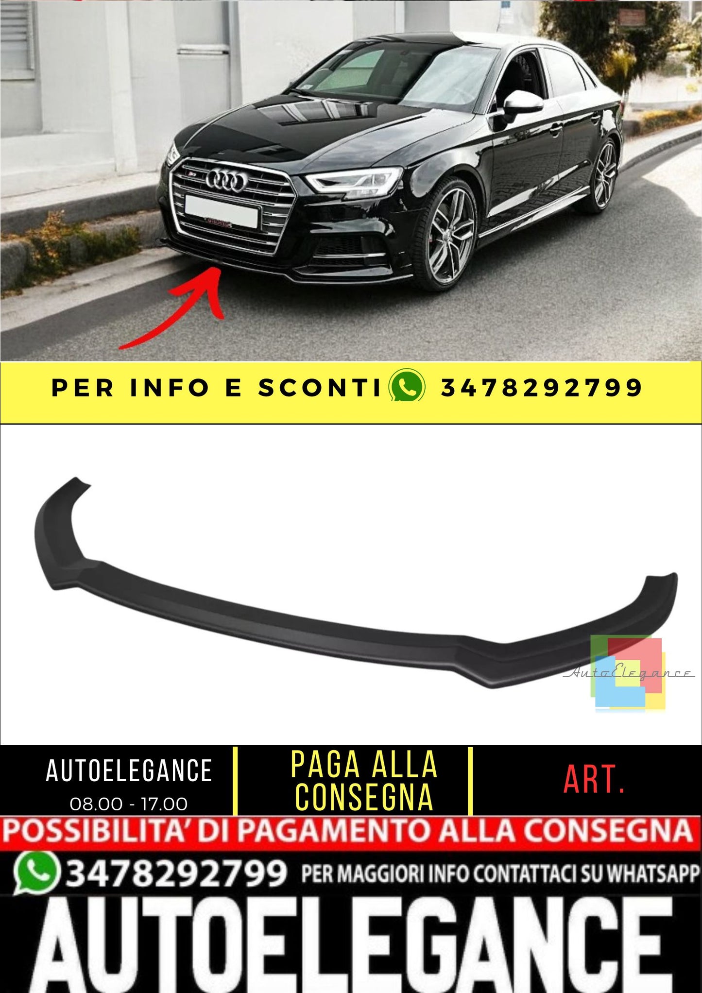✨SPLITTER V2 design nero lucido ABS ADATTO per Audi S3 8V lifting 2017+✨