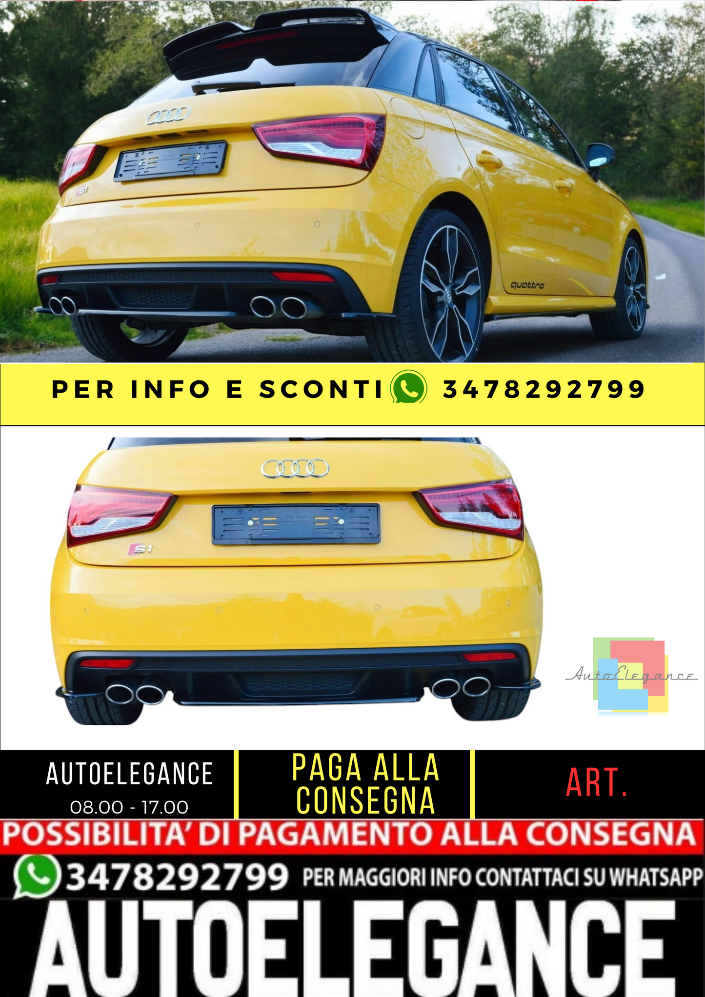 ✨FLAP POSTERIORI nero lucido ABS per Audi S1 Mk1  2014-2018 ✨