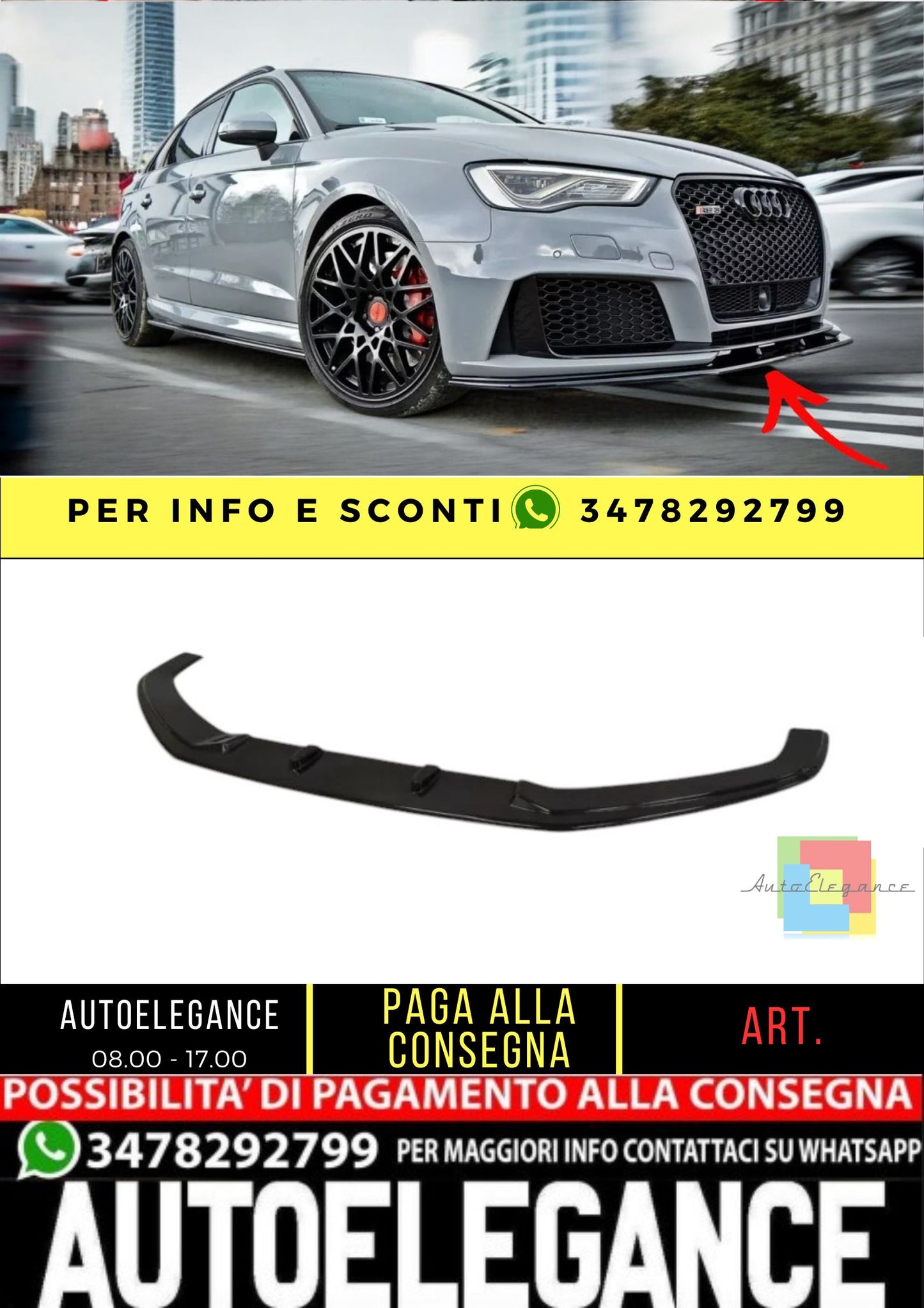✨SPLITTER V2 Design Nero Lucido per Audi Rs3 8Va Sportback 2015-2017✨