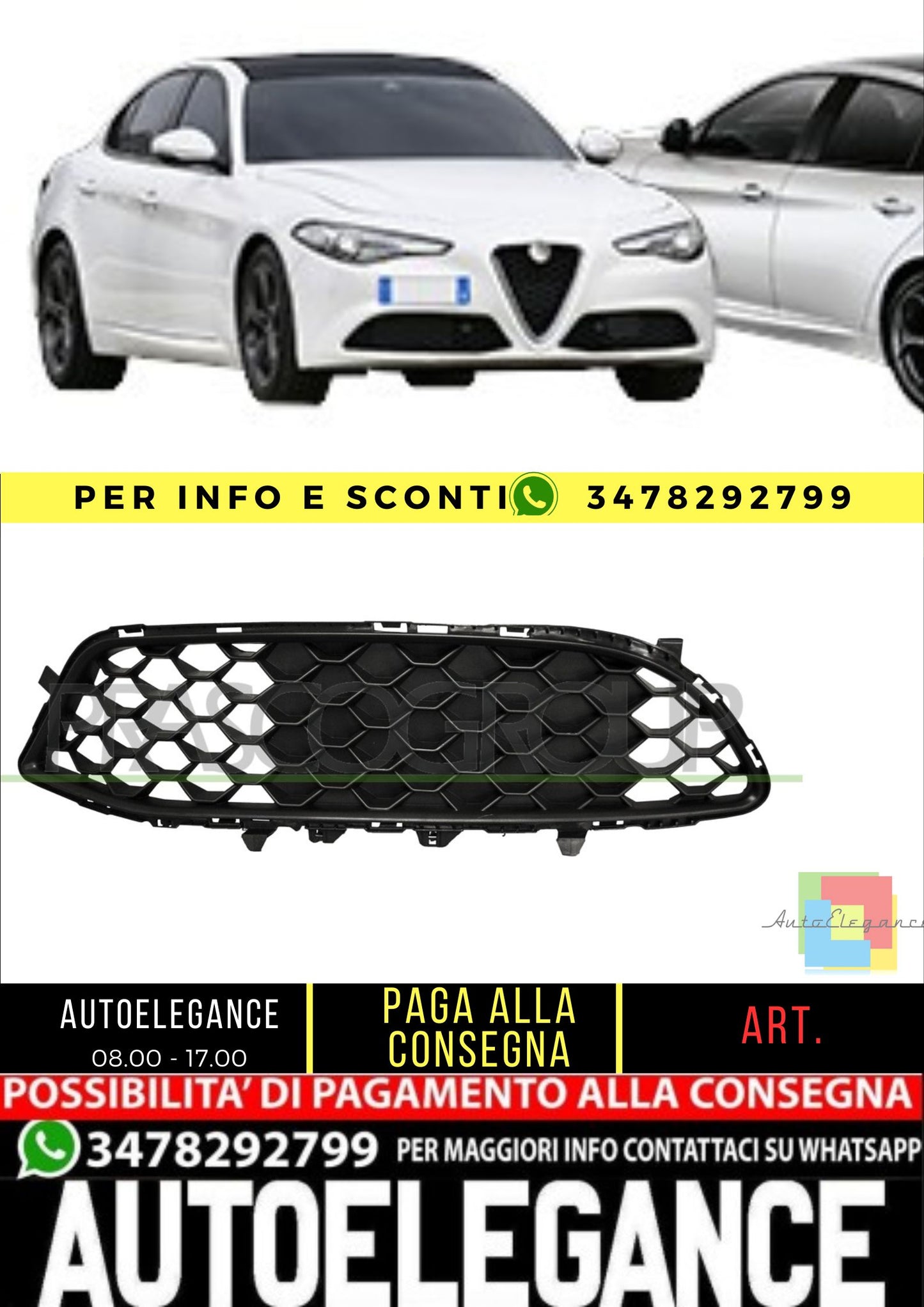 ✨AA0922124 GRIGLIA SINISTRA PARAURTI ANTERIORE-NERA PER ALFA ROMEO GIULIA 15+✨