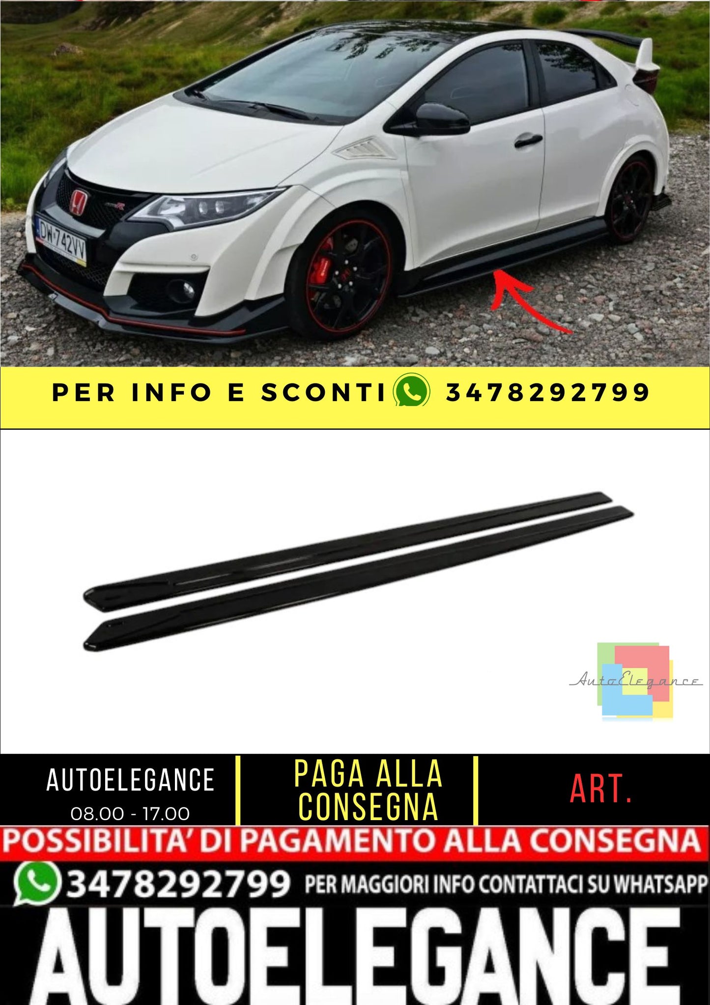 ✨MINIGONNE LATERALI  design nero lucido per Honda Civic Mk9 tipo R (Fk2)✨